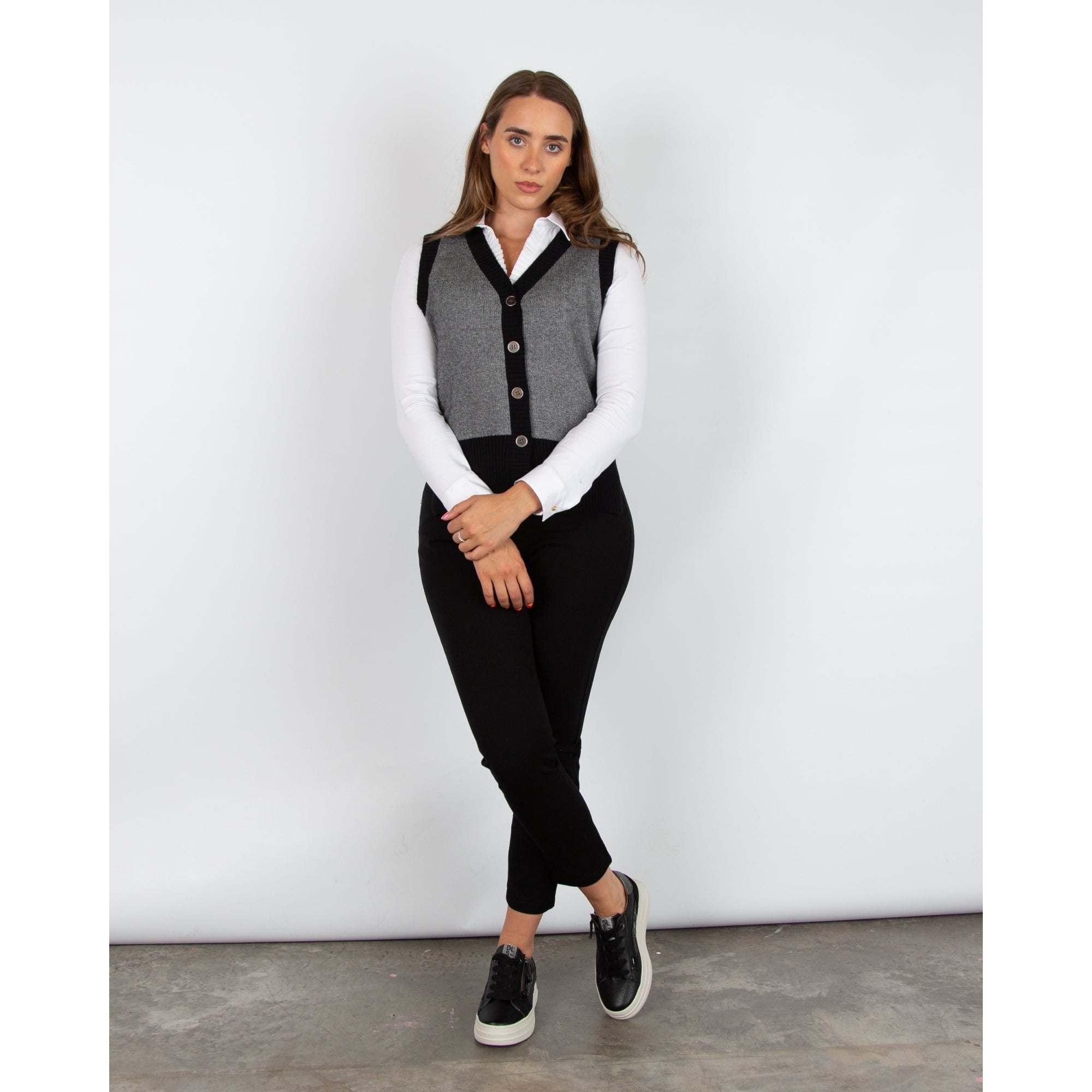 Marble Fashions V Neck Button Down Knit Waistcoat Black/grey 101