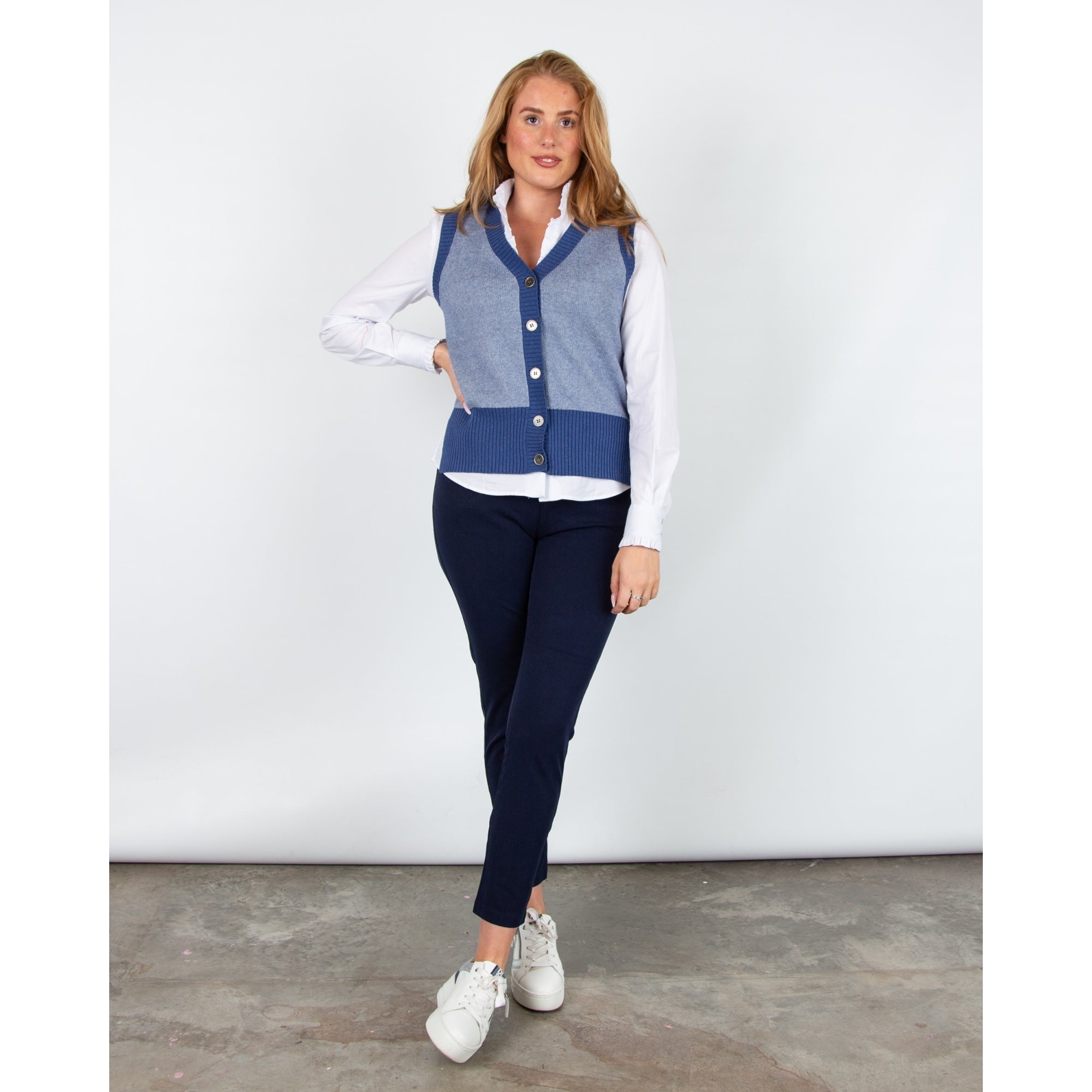 Marble Fashions V Neck Button Down Knit Waistcoat Blue/white 225