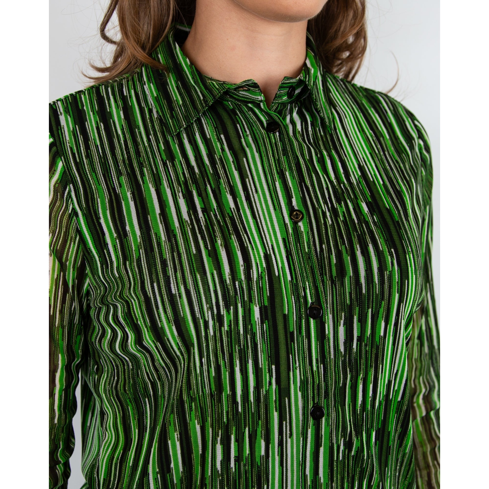 Alison Sheri Mesh Fitted Stripe Top With Shirt Collar Green/black