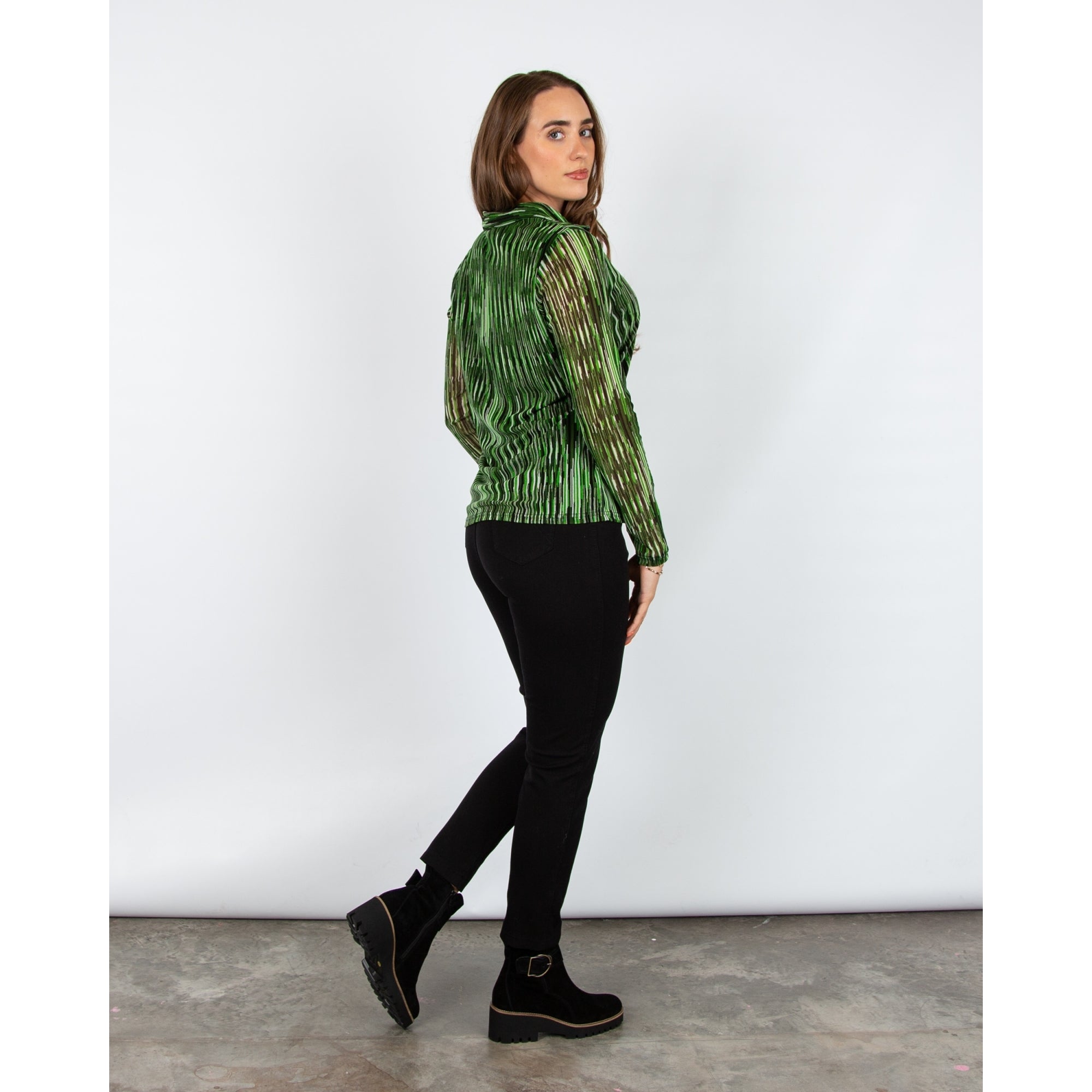 Alison Sheri Mesh Fitted Stripe Top With Shirt Collar Green/black