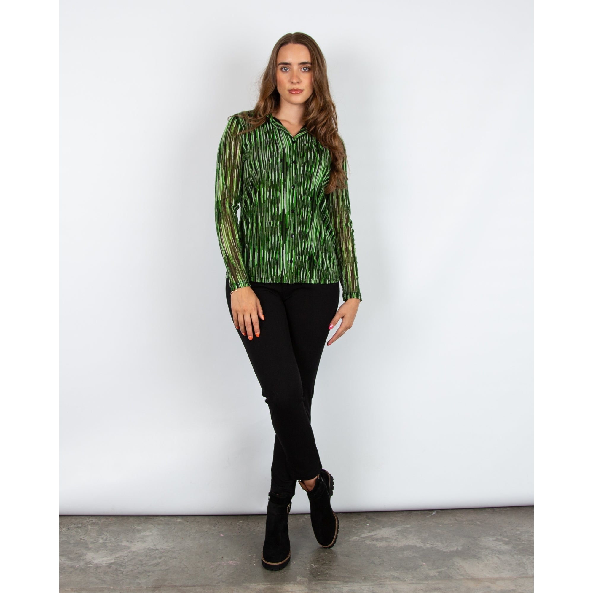 Alison Sheri Mesh Fitted Stripe Top With Shirt Collar Green/black