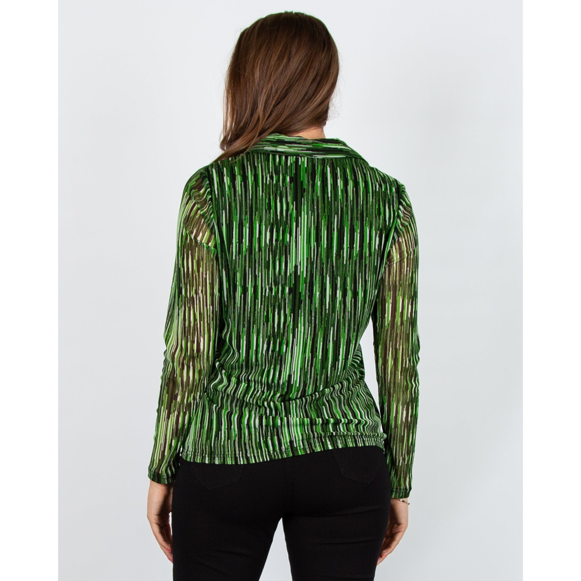 Alison Sheri Mesh Fitted Stripe Top With Shirt Collar Green/black