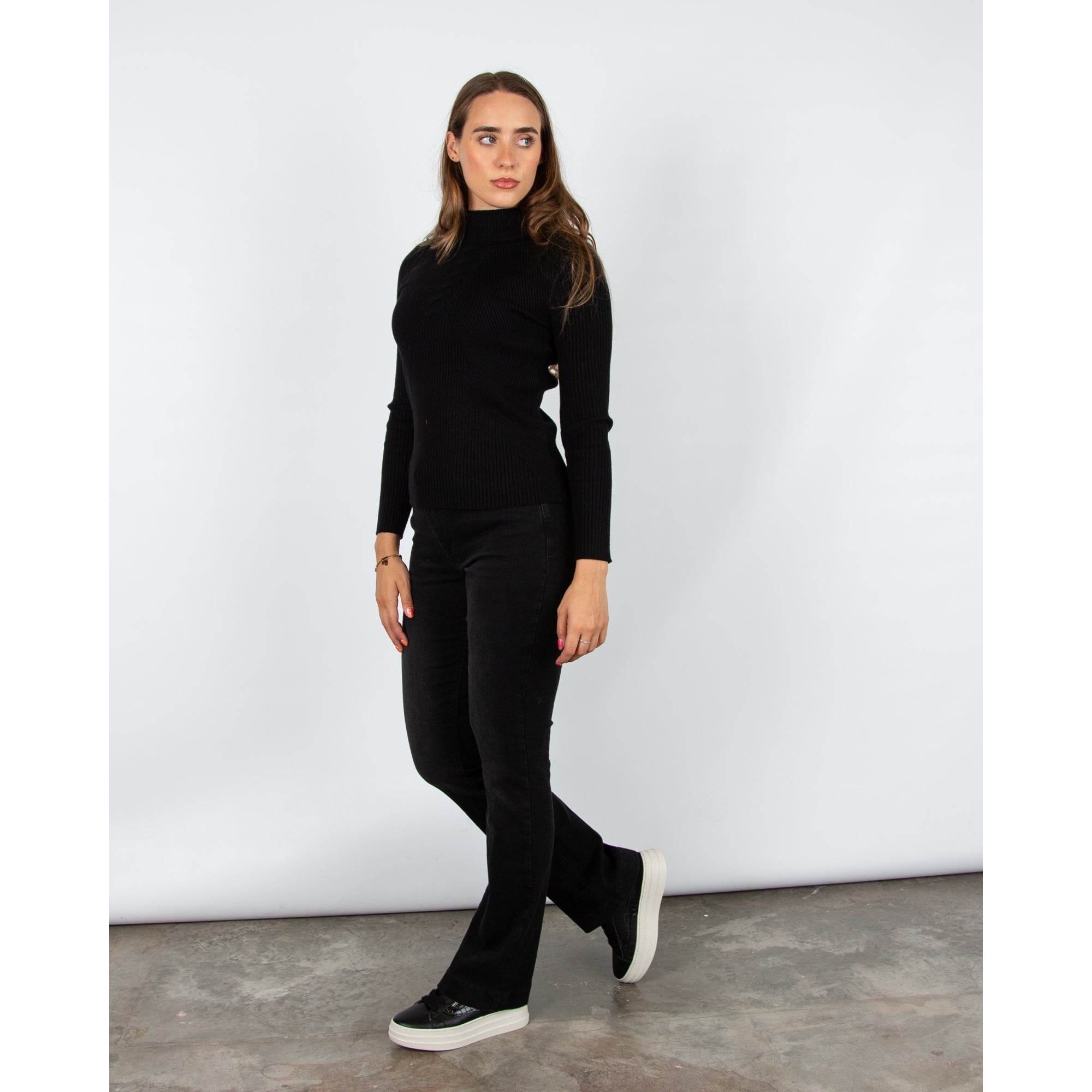 Alison Sheri Fine Rib Cable Front Detail Jumper Black