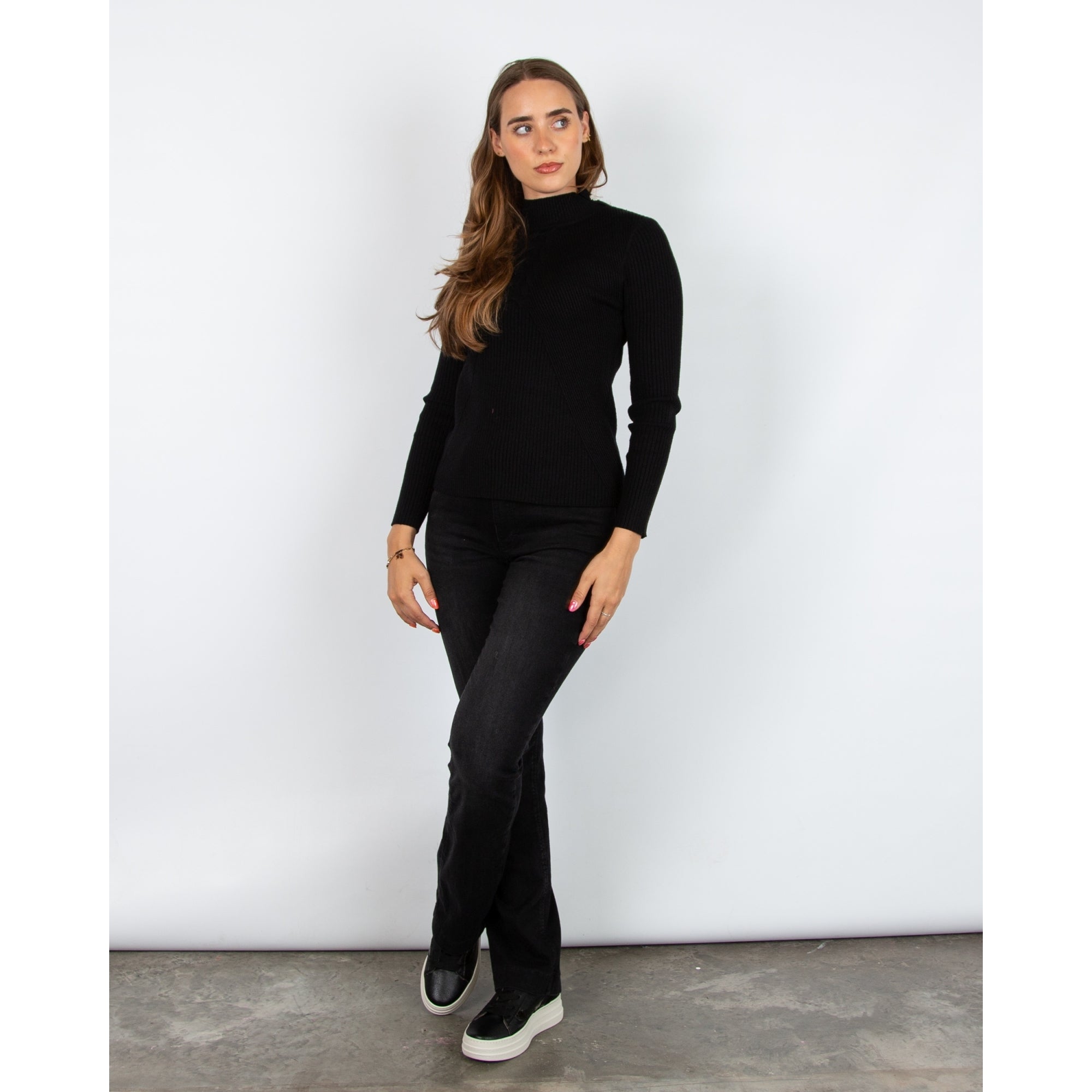 Alison Sheri Fine Rib Cable Front Detail Jumper Black