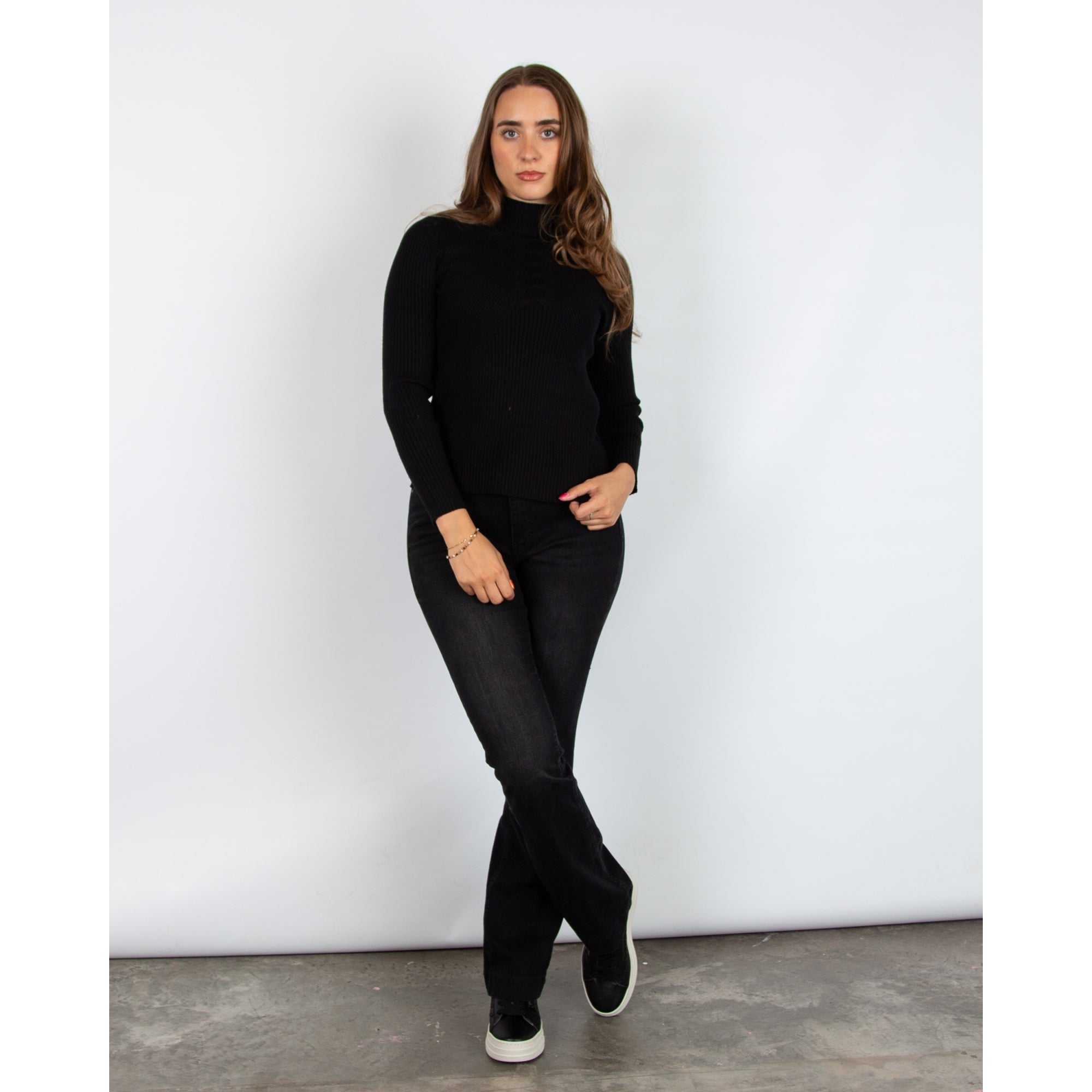 Alison Sheri Fine Rib Cable Front Detail Jumper Black
