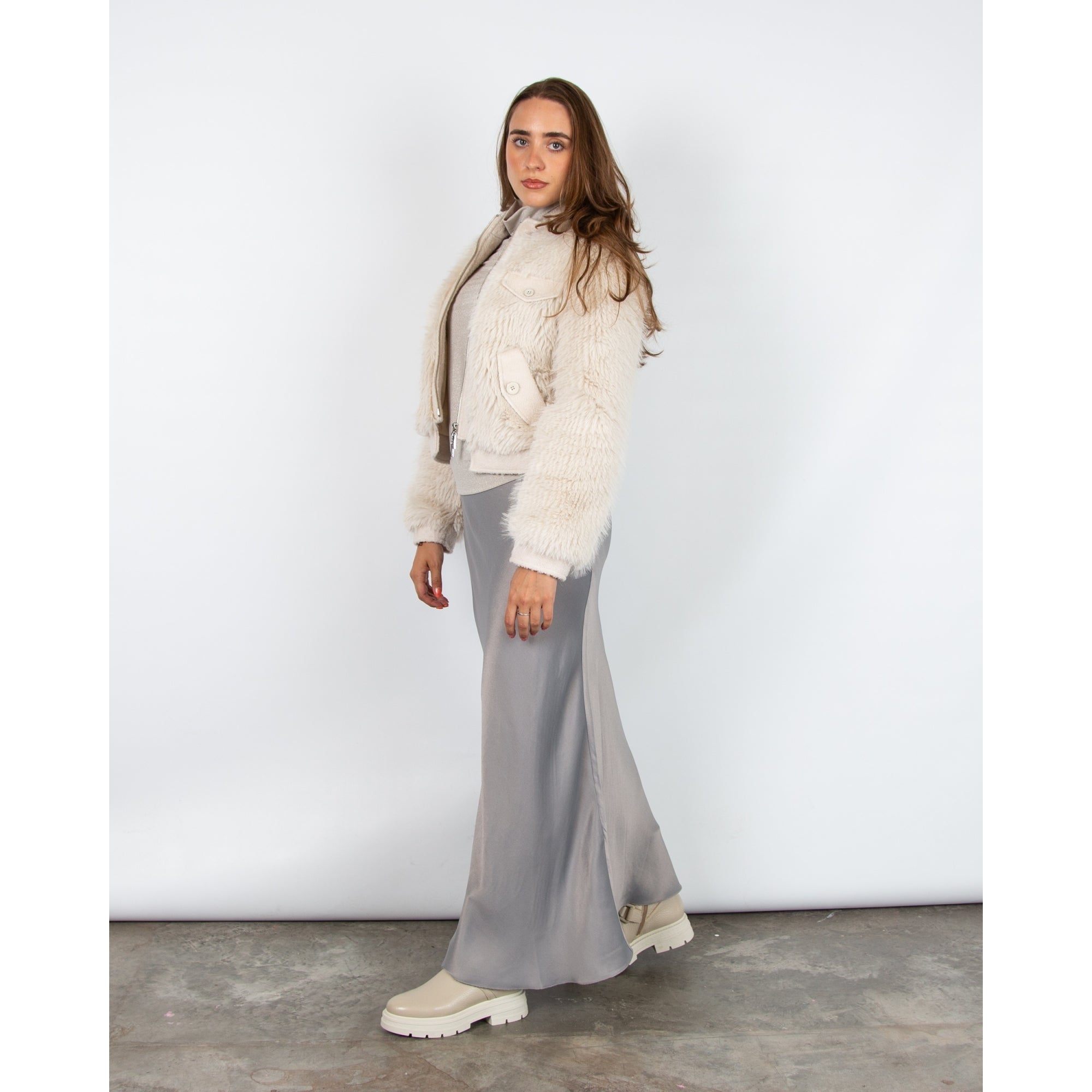 Mos Mosh Briana Long Bias Cut Silky Skirt Silver Grey