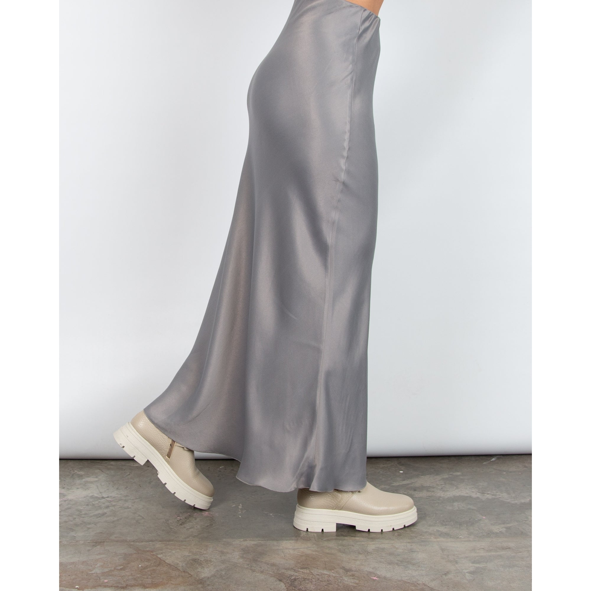 Mos Mosh Briana Long Bias Cut Silky Skirt Silver Grey