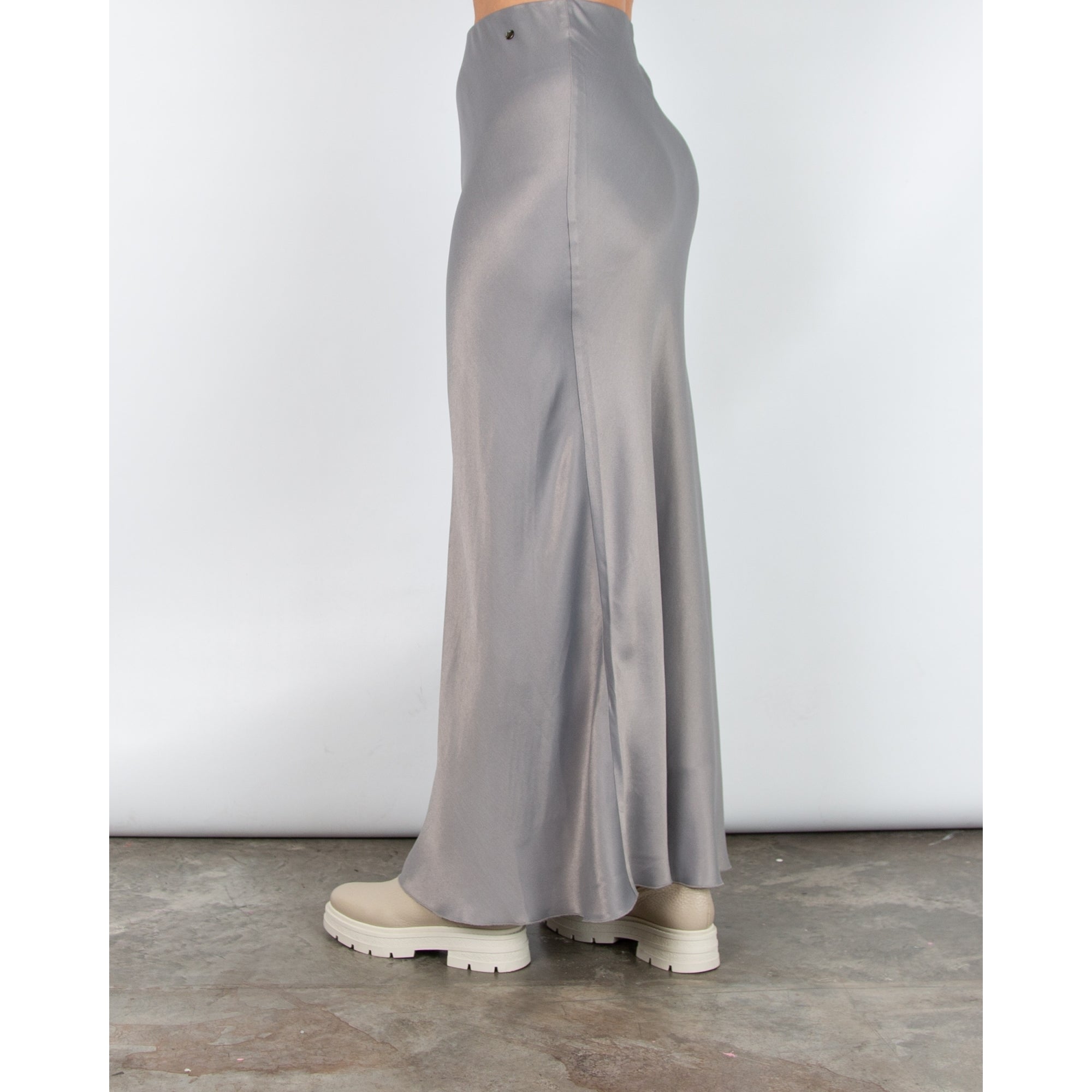 Mos Mosh Briana Long Bias Cut Silky Skirt Silver Grey