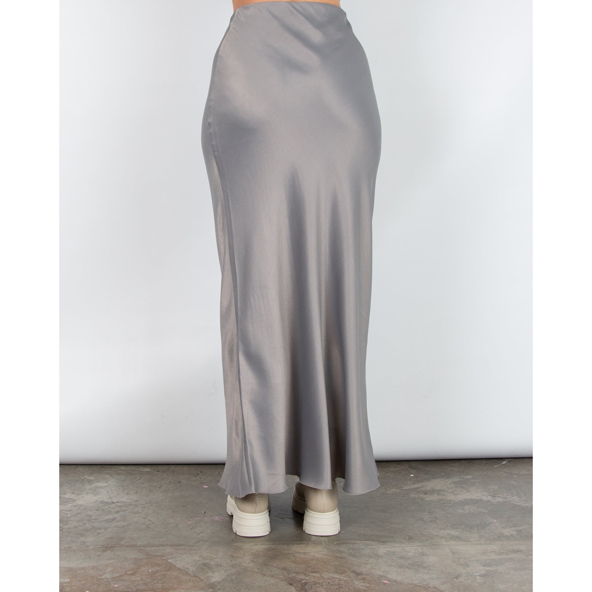 Mos Mosh Briana Long Bias Cut Silky Skirt Silver Grey
