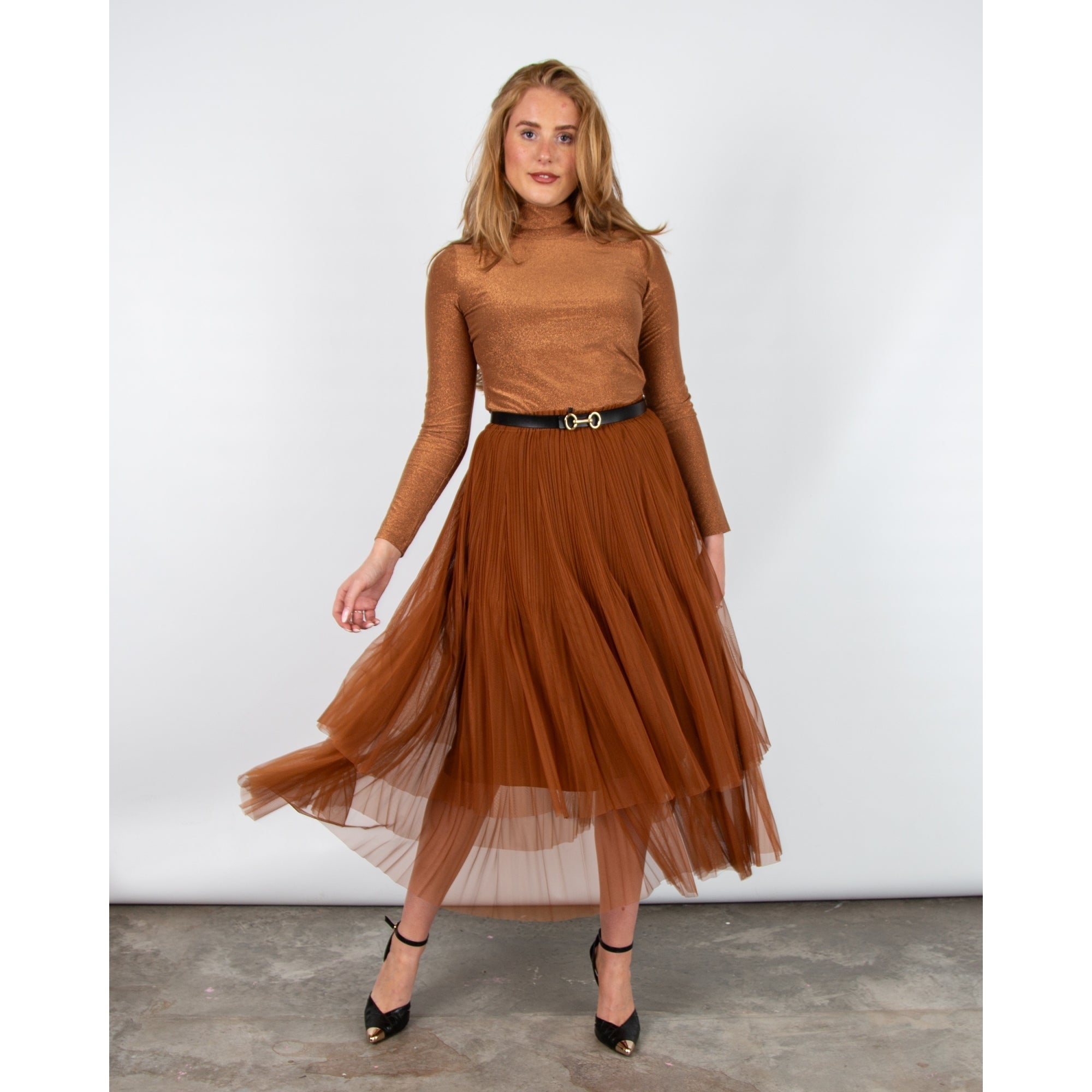 Marc Cain Tiered Pleated Mesh Skirt With Elasticated Waist Tobacco 637