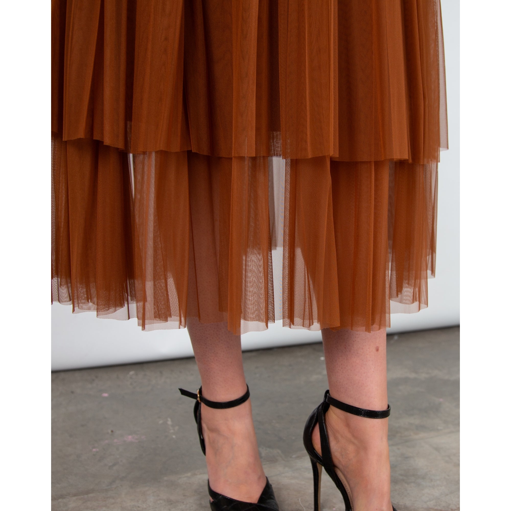 Marc Cain Tiered Pleated Mesh Skirt With Elasticated Waist Tobacco 637