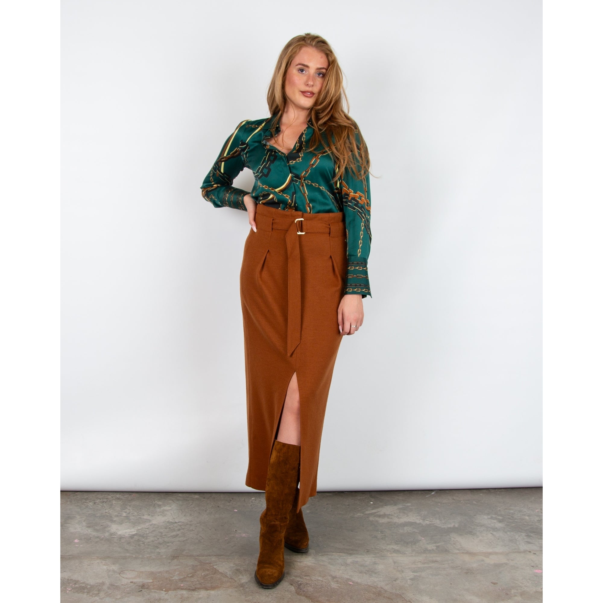 Marc Cain Chain Print Split Neck Silk Blouse Green/tobacco 559