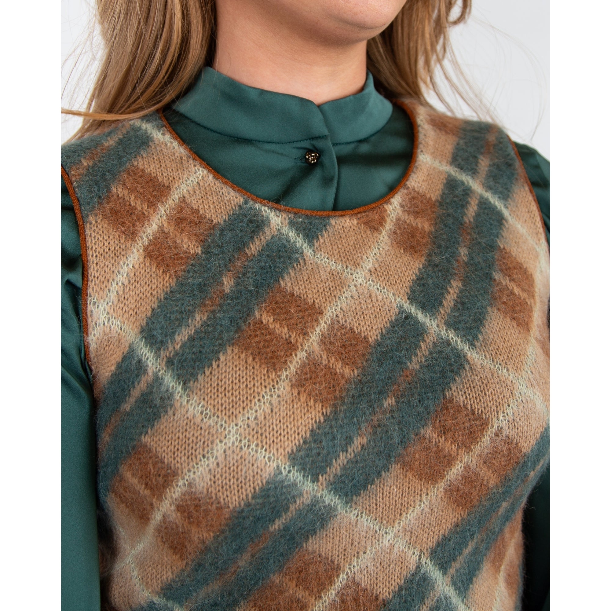 Marc Cain Mohair Diamond Check Tank Top Tobacco/green 637