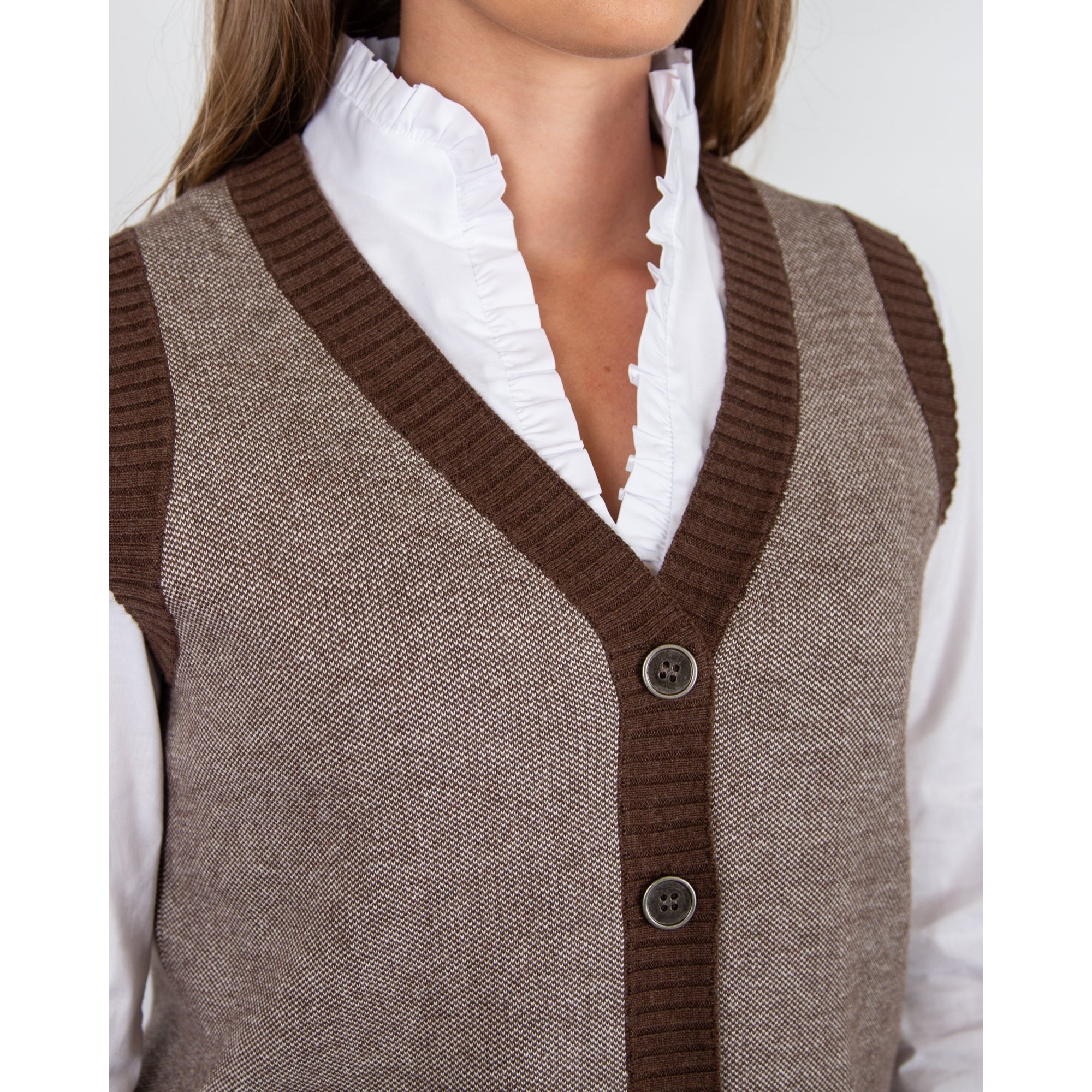 Marble Fashions V Neck Button Down Knit Waistcoat Brown/white 220