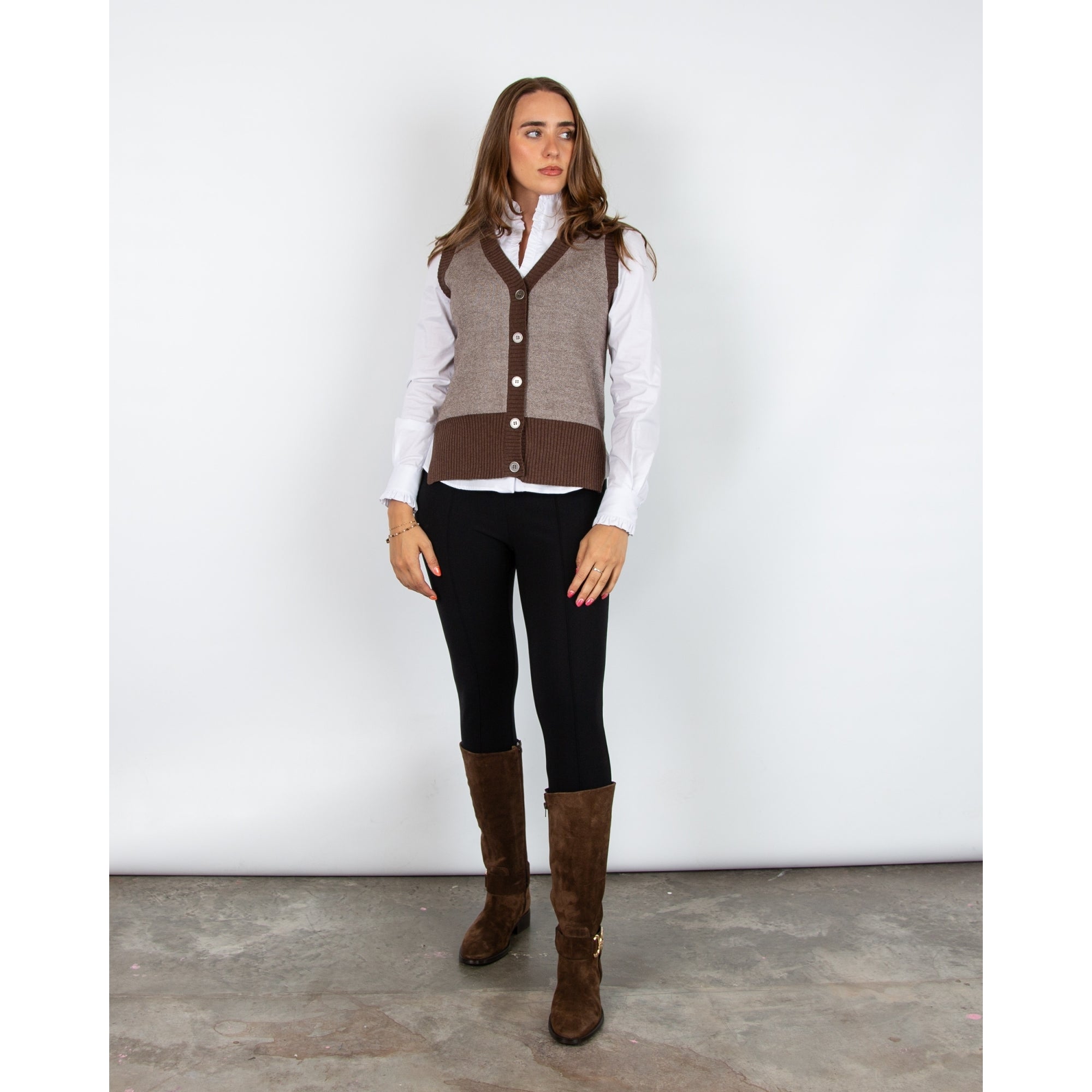 Marble Fashions V Neck Button Down Knit Waistcoat Brown/white 220