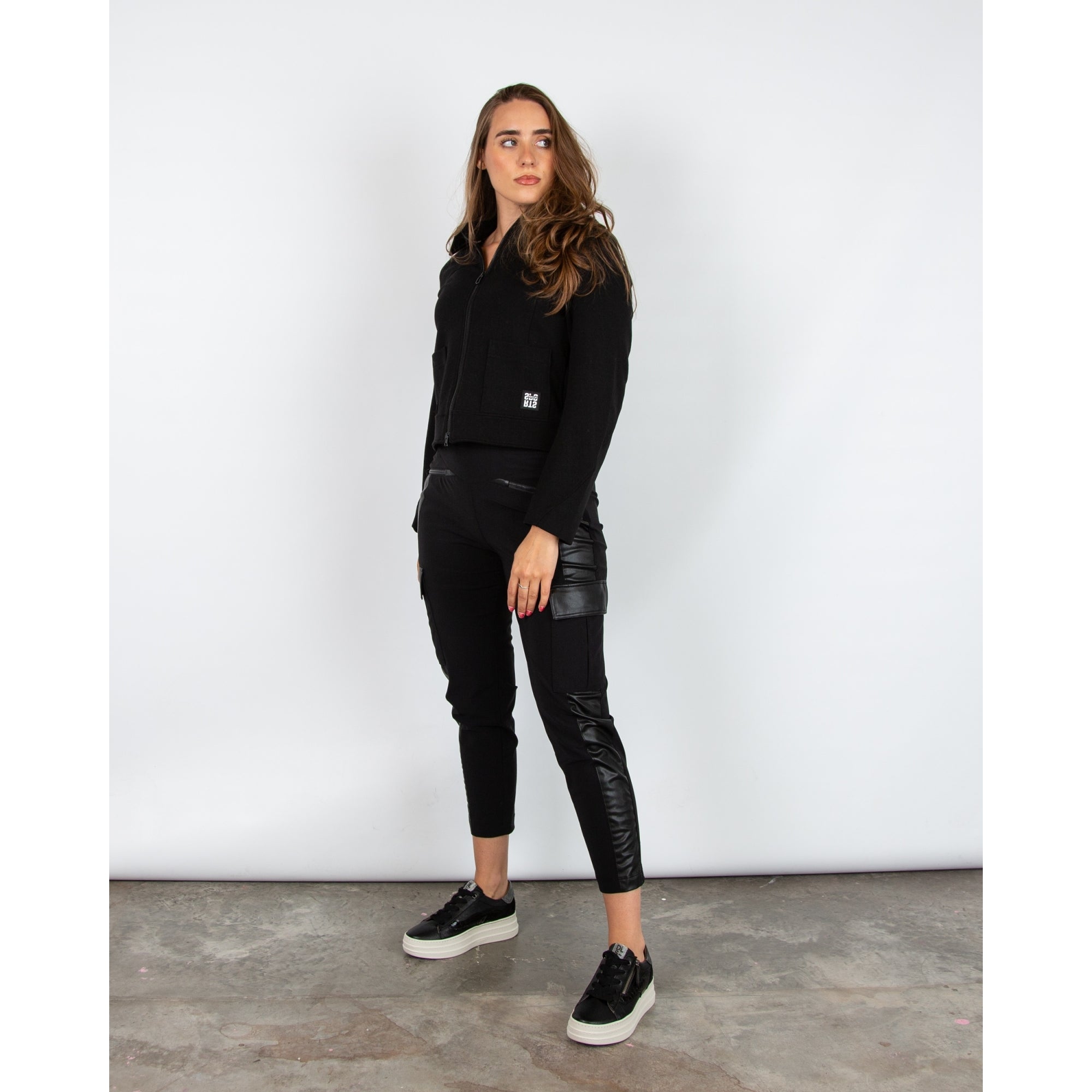 Marc Cain Patch Pocket Cropped Zip Jacket With Stripe Trim Black