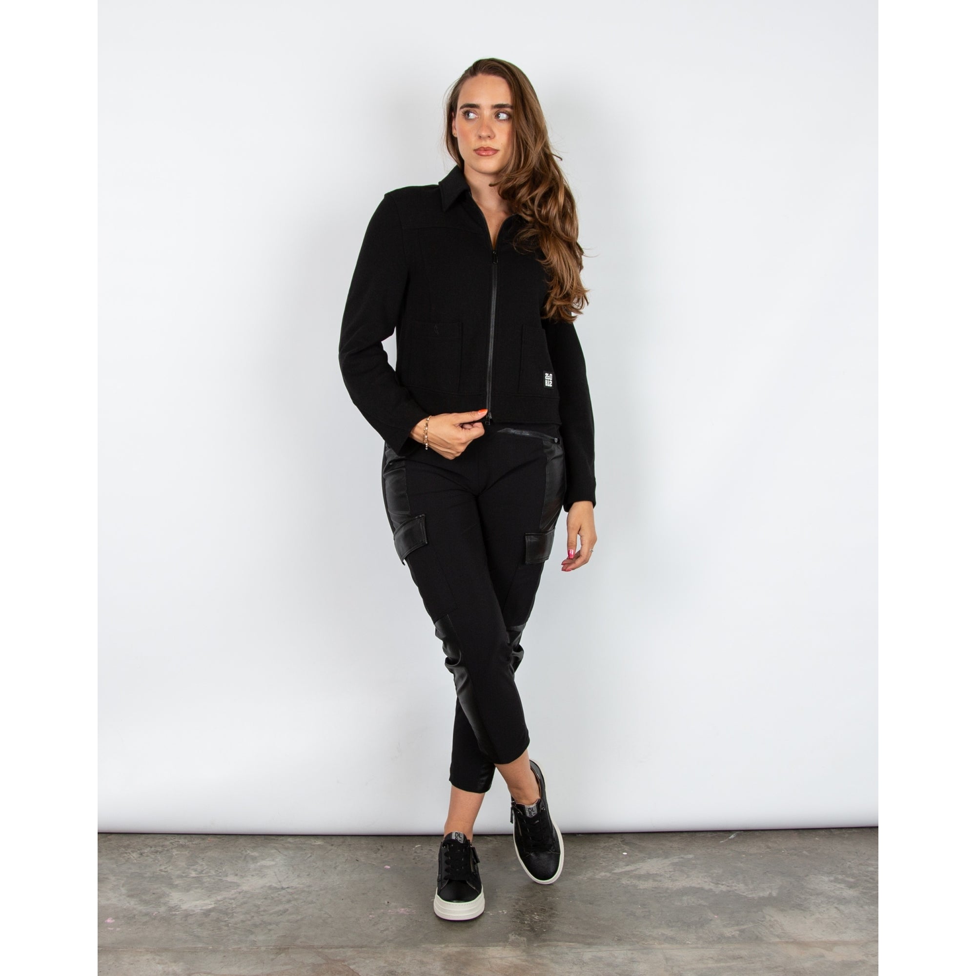 Marc Cain Patch Pocket Cropped Zip Jacket With Stripe Trim Black