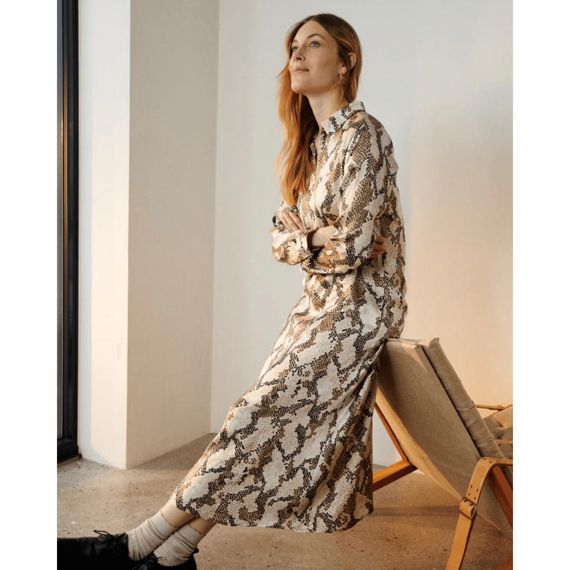 Part Two Lamiya Snake Print Zip Through Shirt Dress Cream/brown