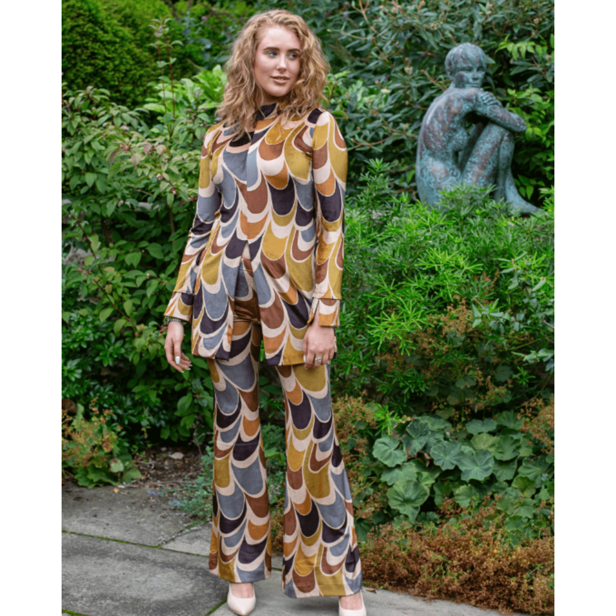 Ana Alcazar Pull On Retro Print Velvet Flared Trouser Mustard/brown