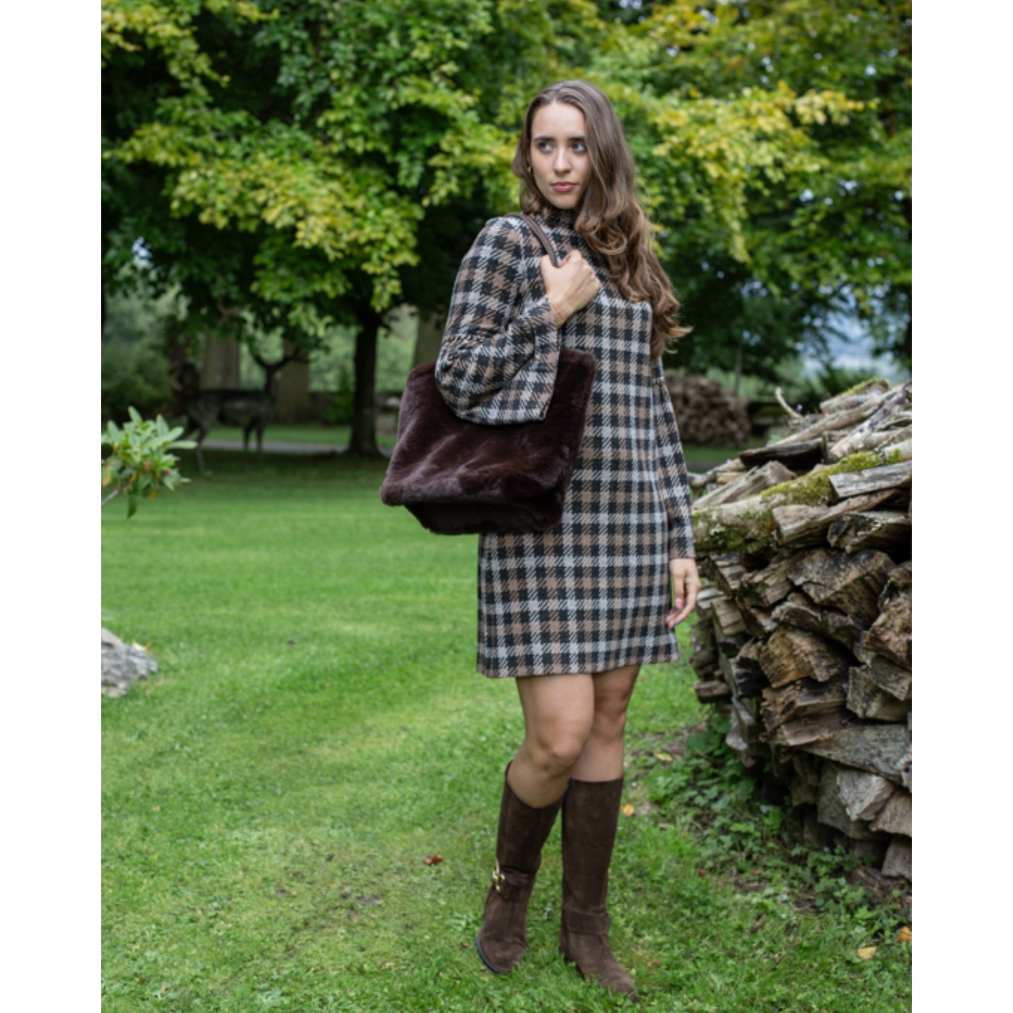 Ana Alcazar Houndstooth Flute Sleeve High Neck Dress Brown/grey