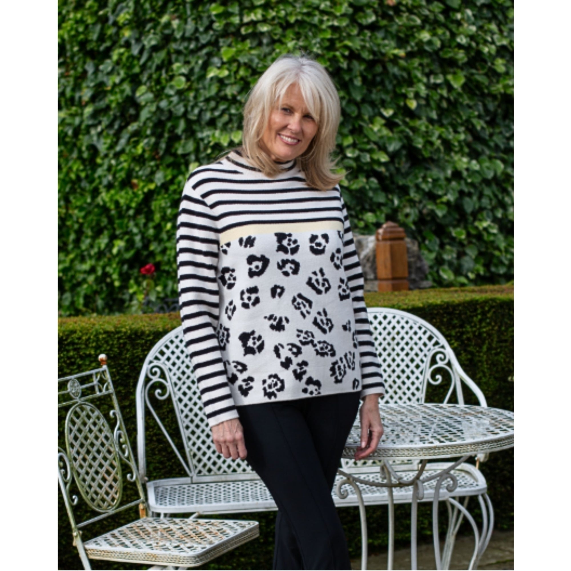 Oui Funnel Neck Stripe & Leopard Print Jumper Cream/black