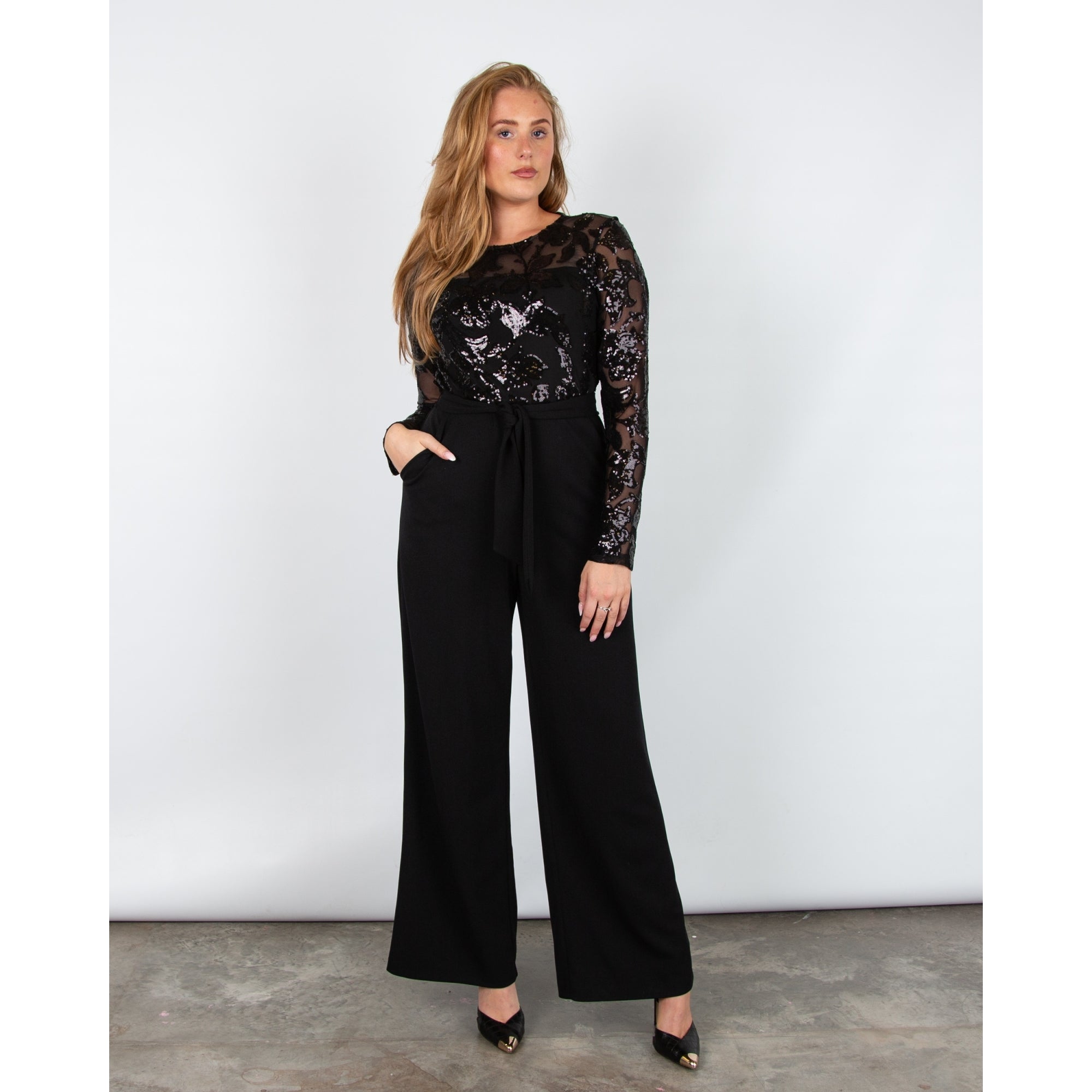 Joseph Ribkoff Sequin Mesh Top Wide Leg Belted Jumpsuit Black