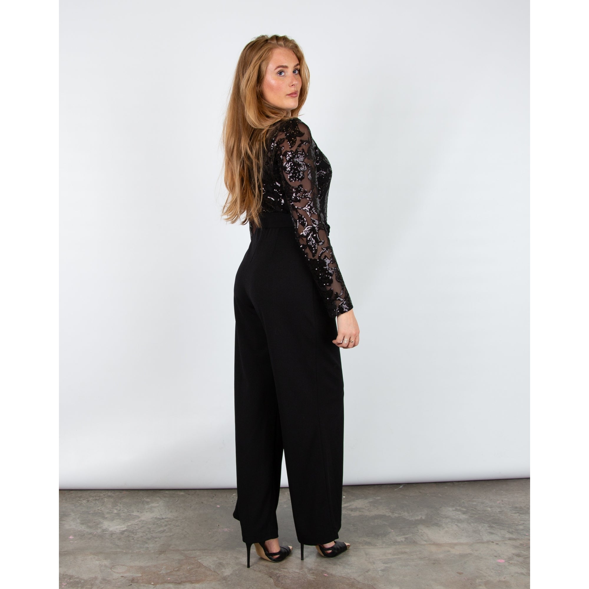 Joseph Ribkoff Sequin Mesh Top Wide Leg Belted Jumpsuit Black