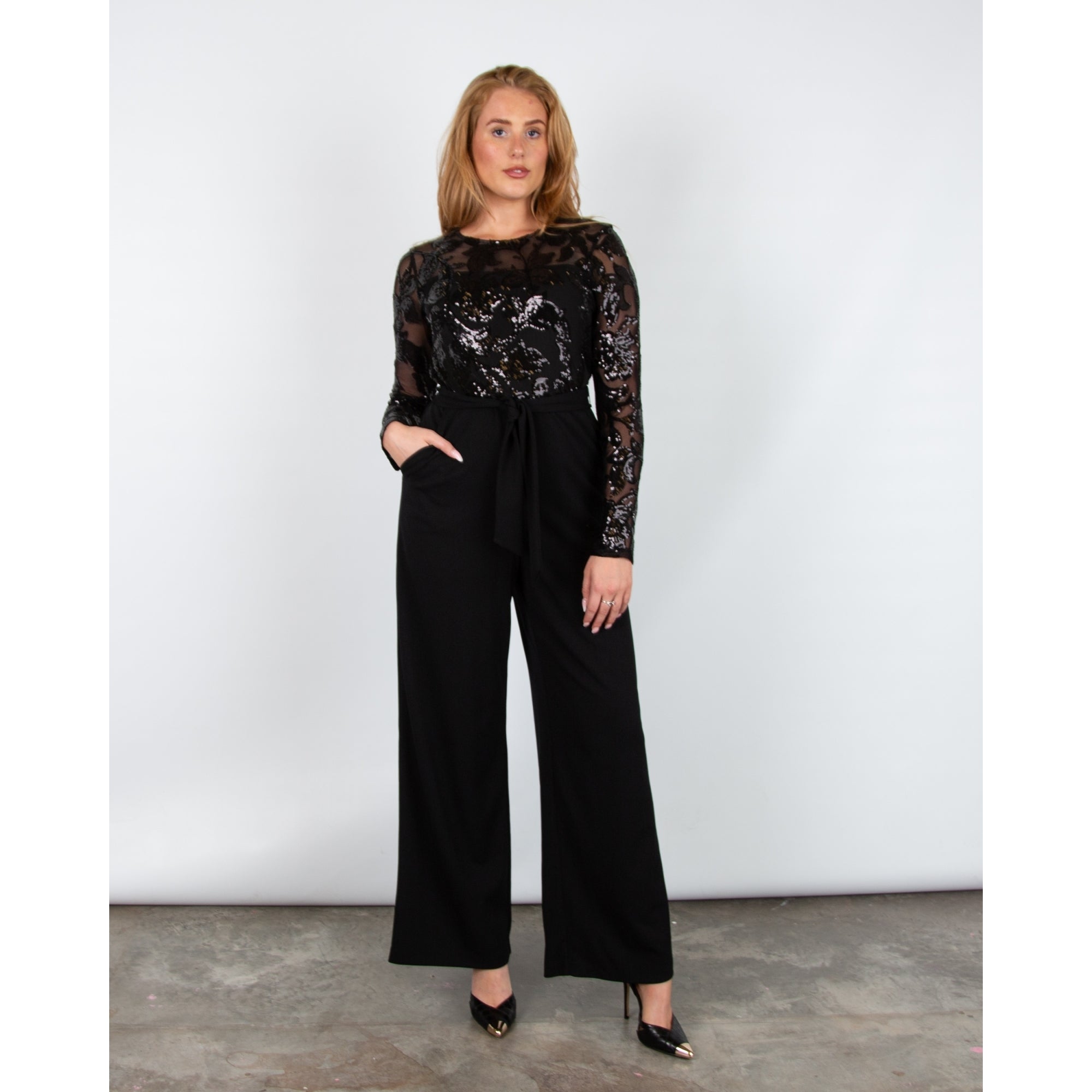 Joseph Ribkoff Sequin Mesh Top Wide Leg Belted Jumpsuit Black