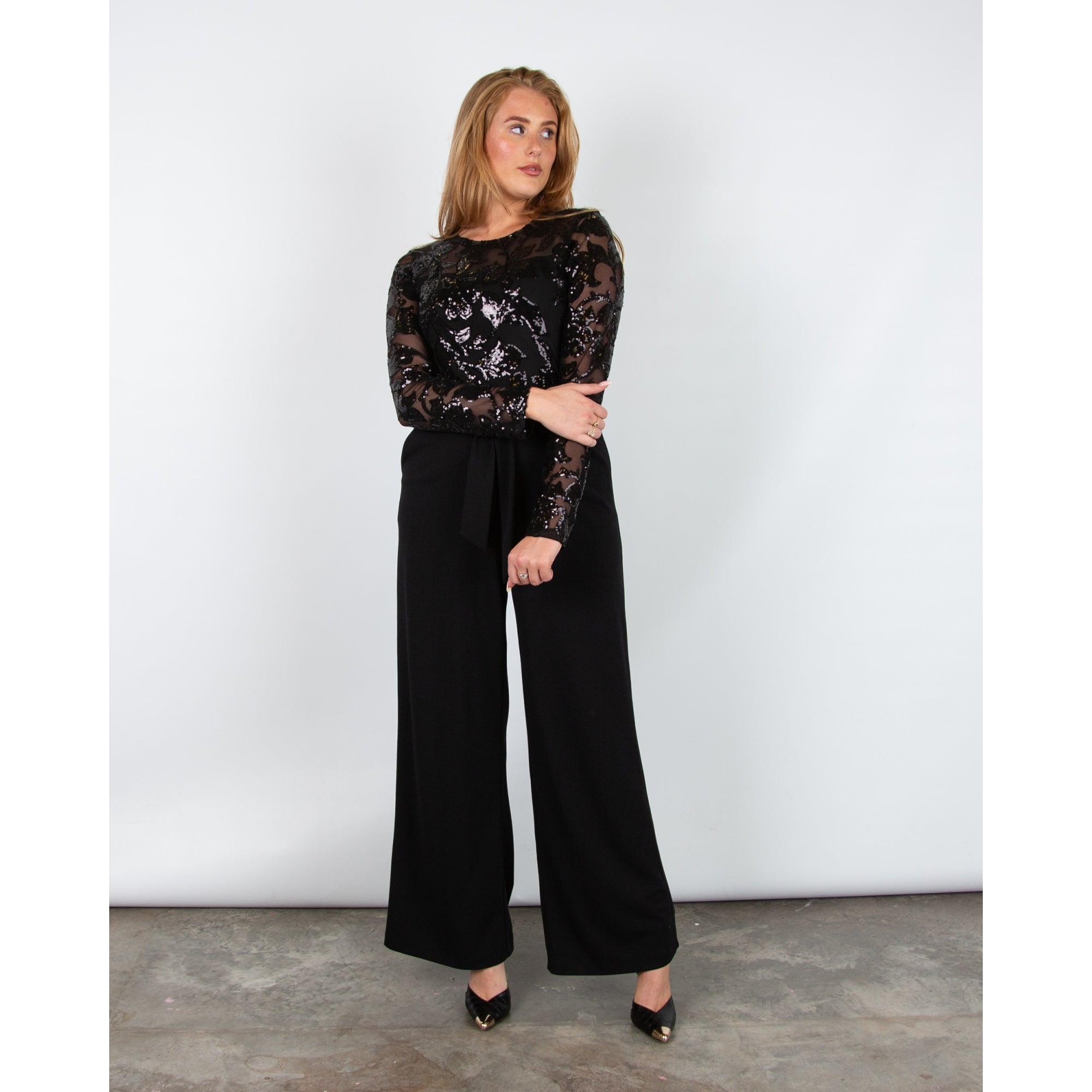 Joseph Ribkoff Sequin Mesh Top Wide Leg Belted Jumpsuit Black