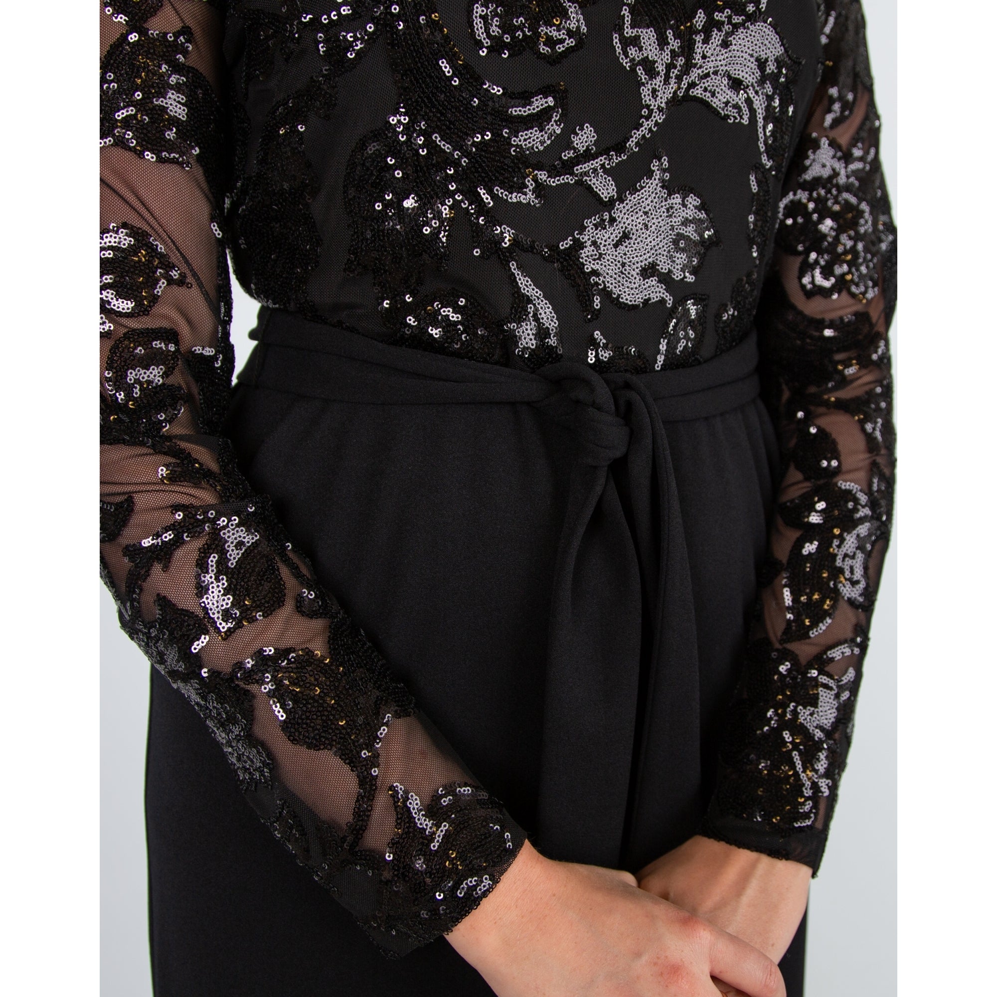 Joseph Ribkoff Sequin Mesh Top Wide Leg Belted Jumpsuit Black