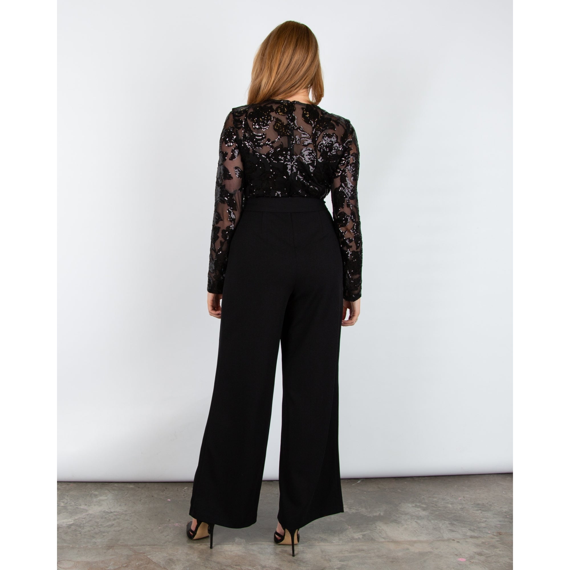 Joseph Ribkoff Sequin Mesh Top Wide Leg Belted Jumpsuit Black