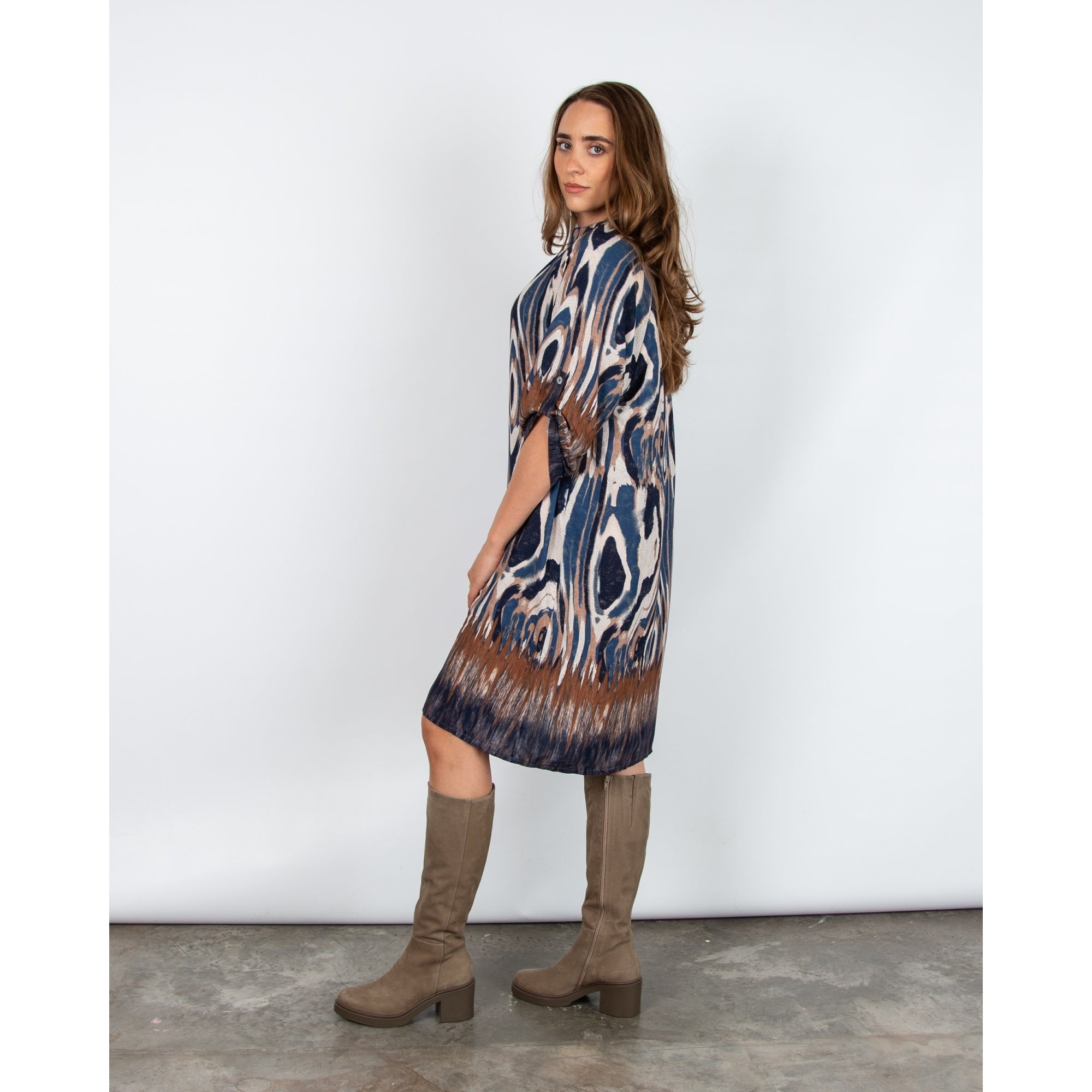 Marta Ikat Print Loose Bodied Dress Blue/brown