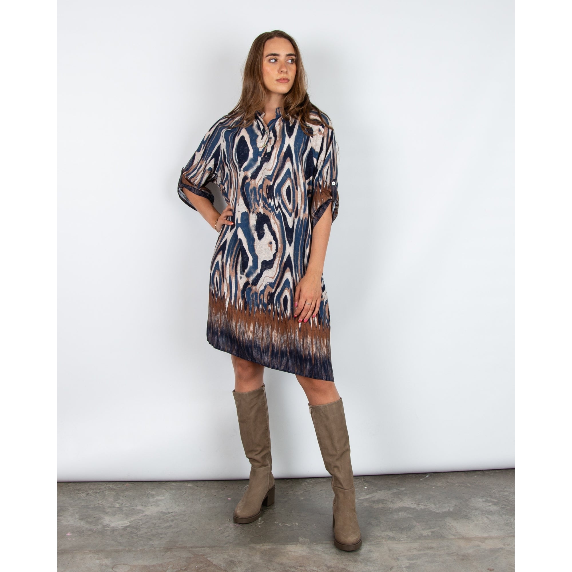 Marta Ikat Print Loose Bodied Dress Blue/brown