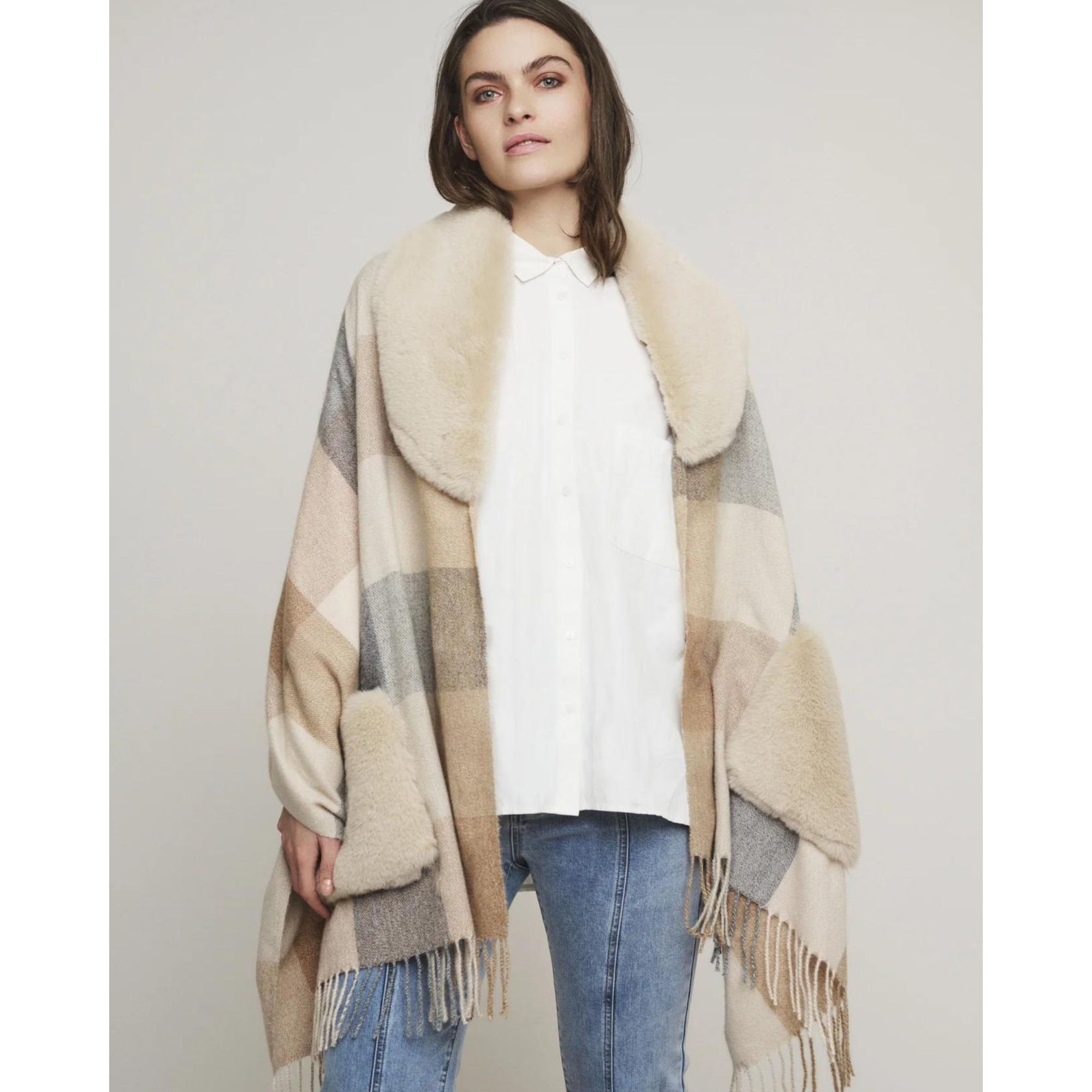 Rino & Pelle Apollo Check Shawl With Fur Collar And Pockets Sand/camel/grey