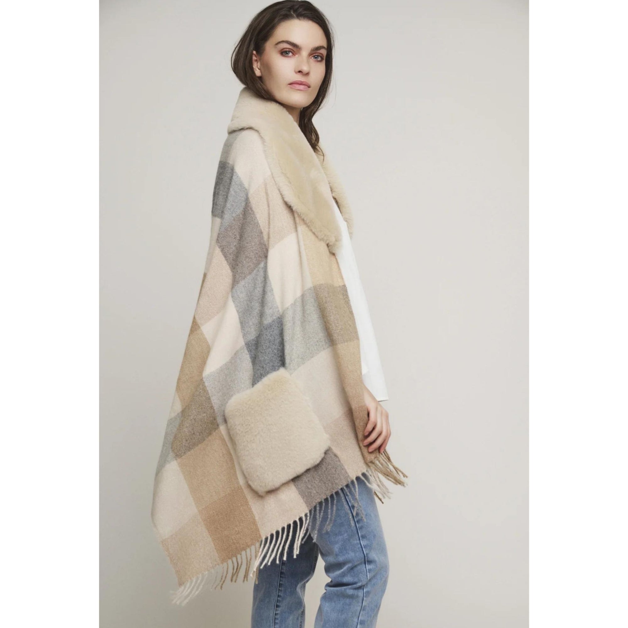 Rino & Pelle Apollo Check Shawl With Fur Collar And Pockets Sand/camel/grey