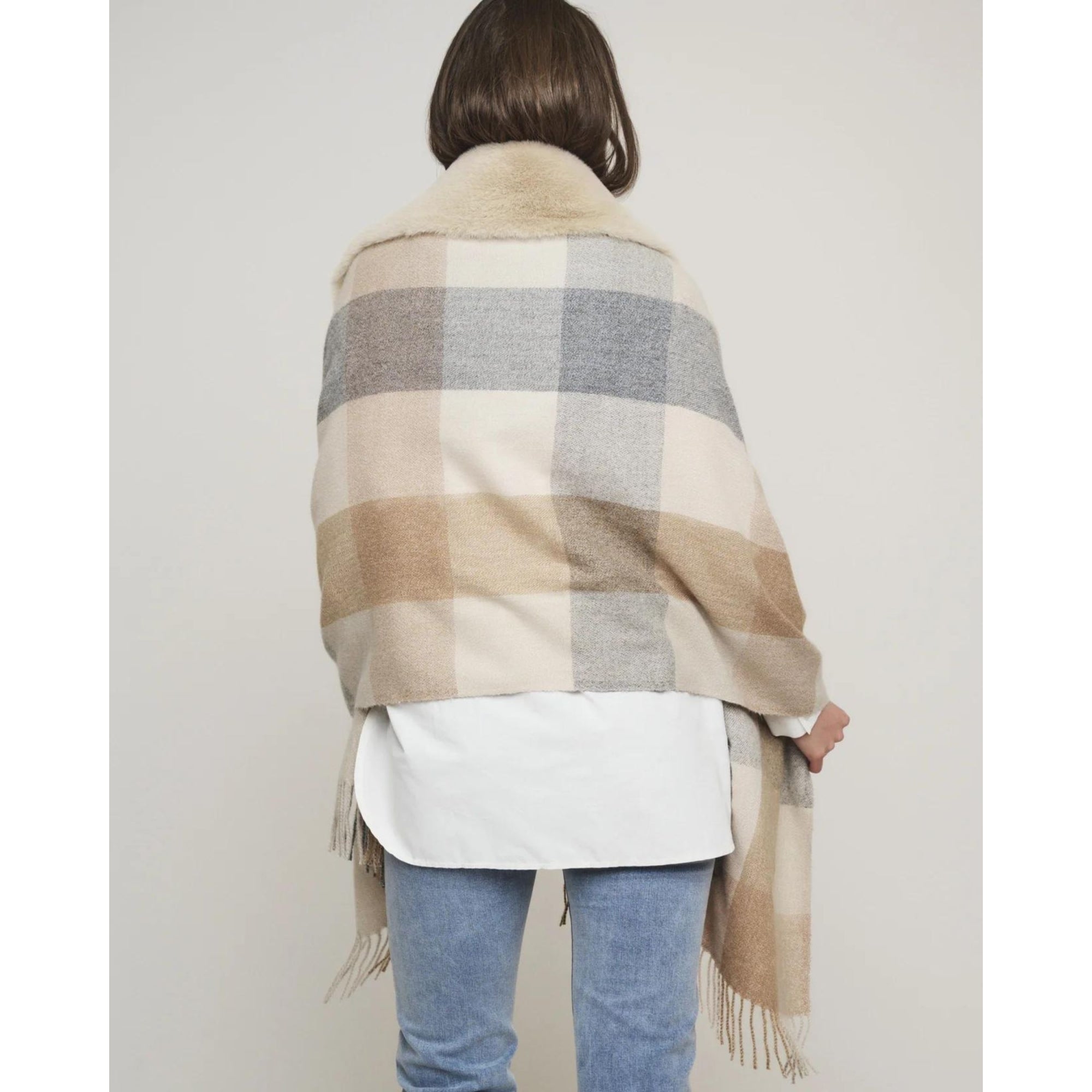 Rino & Pelle Apollo Check Shawl With Fur Collar And Pockets Sand/camel/grey