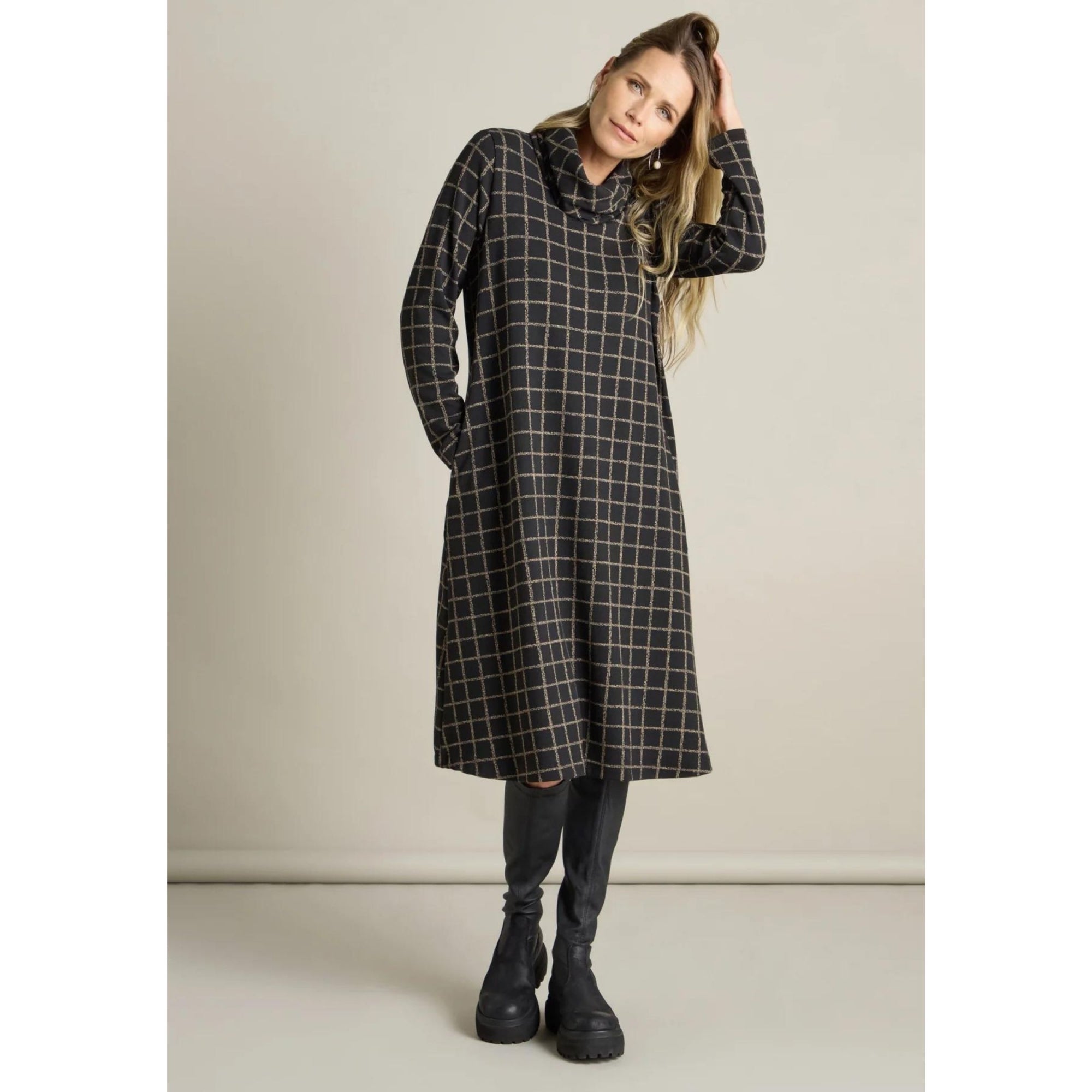 Sahara Cowl Neck Square Print Loose Bodied Dress Black/taupe