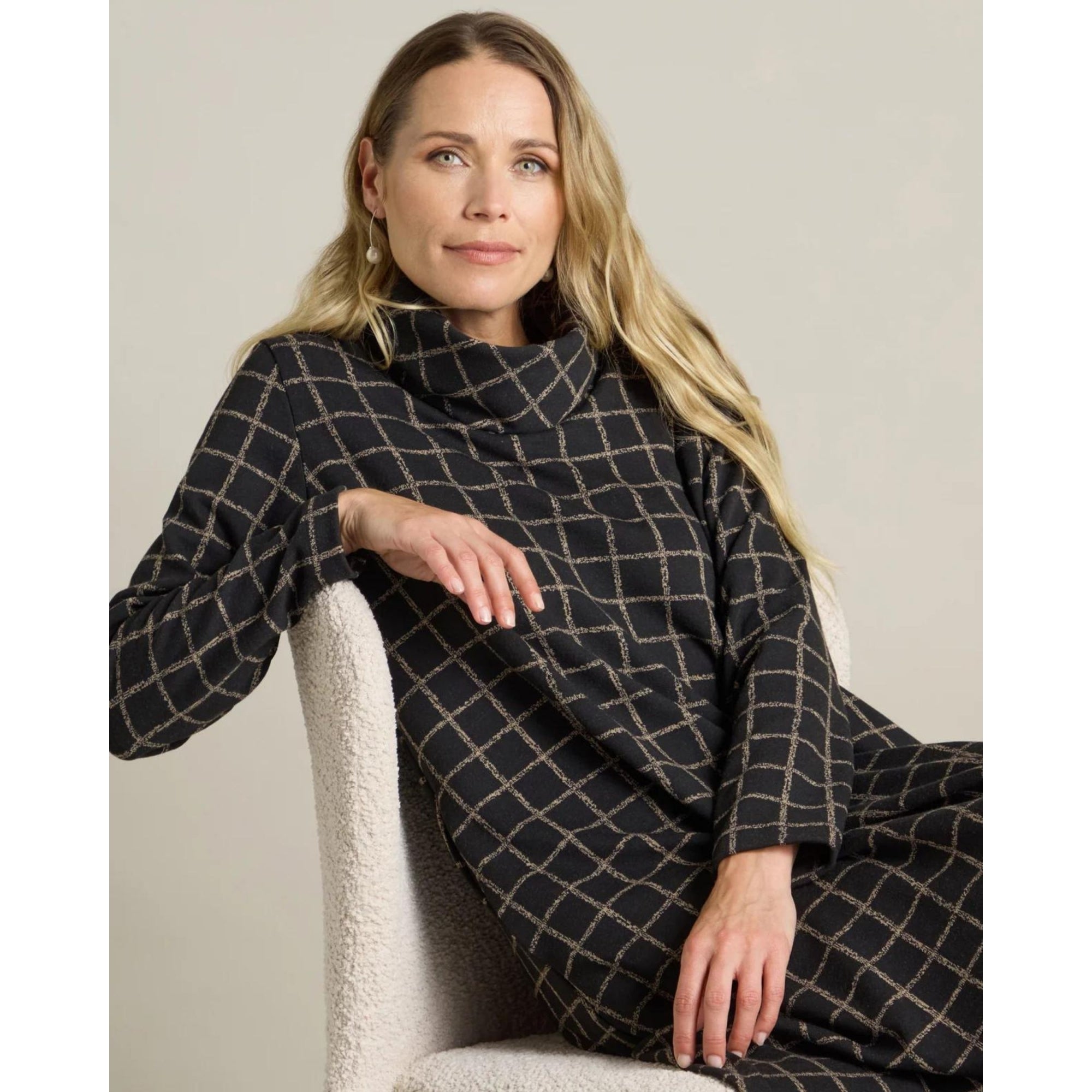 Sahara Cowl Neck Square Print Loose Bodied Dress Black/taupe