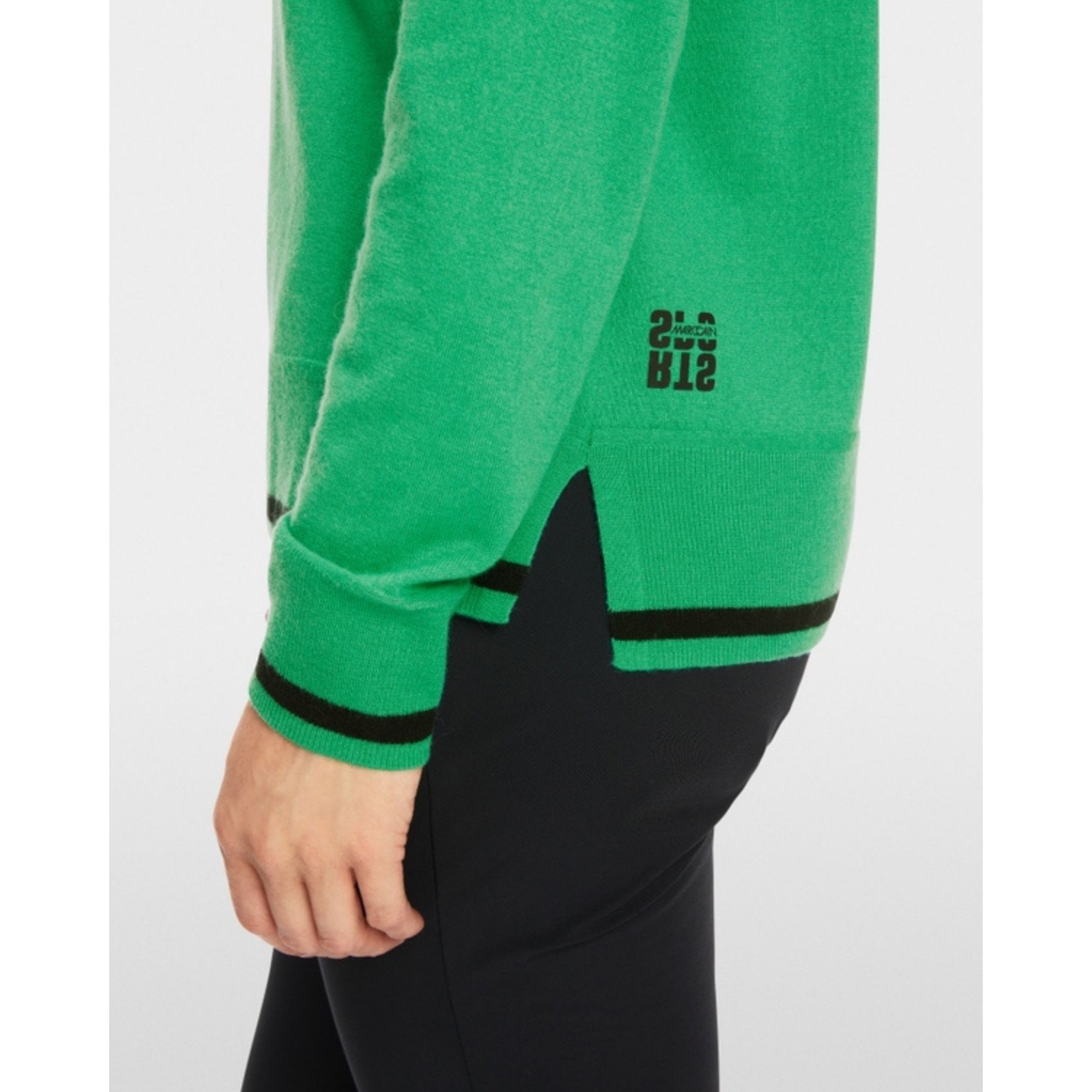 Marc Cain Fine Knit Round Neck Sweater With Stripe Trim Green/black