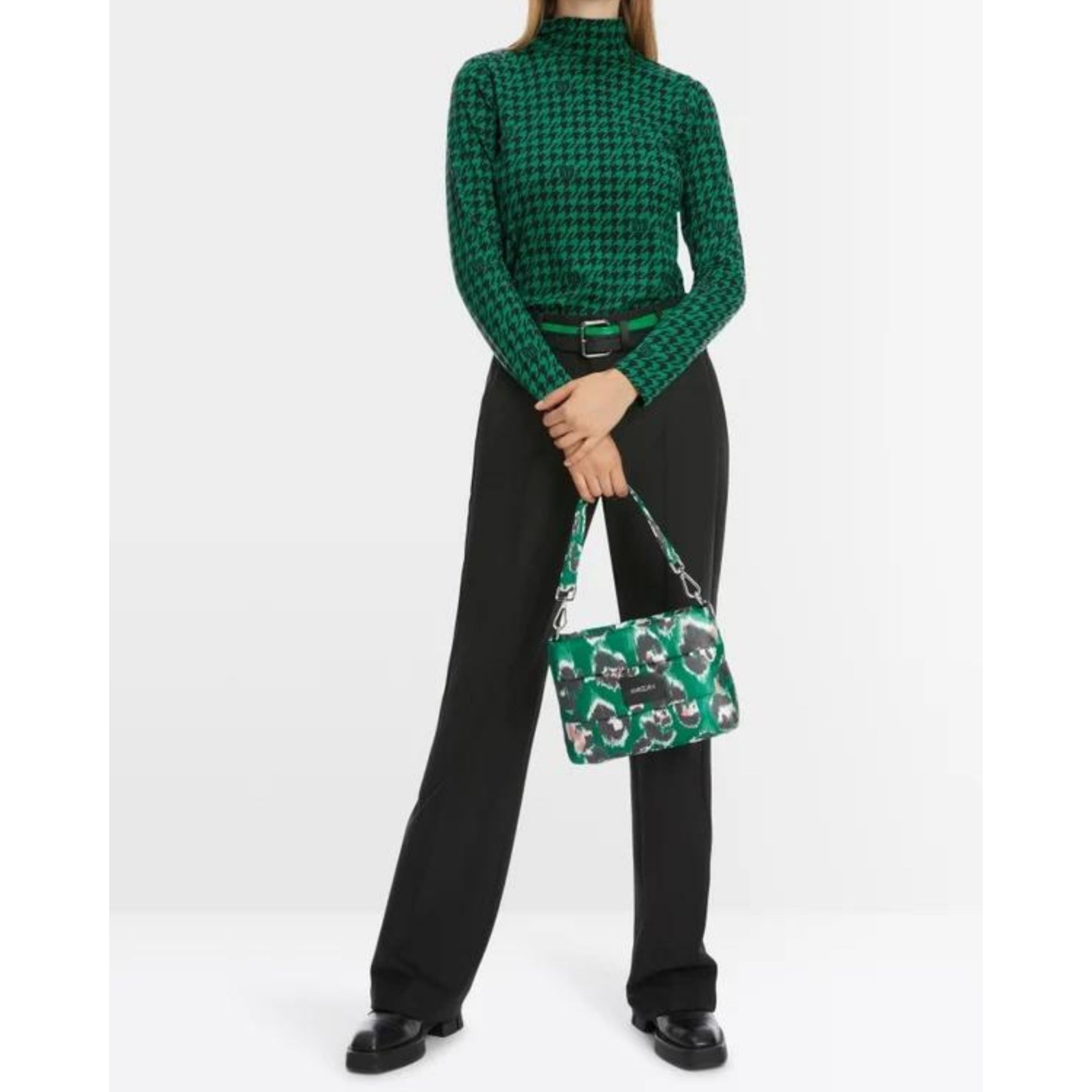 Marc Cain Houndstooth Polo Neck Stretch Fitted Top Green/black