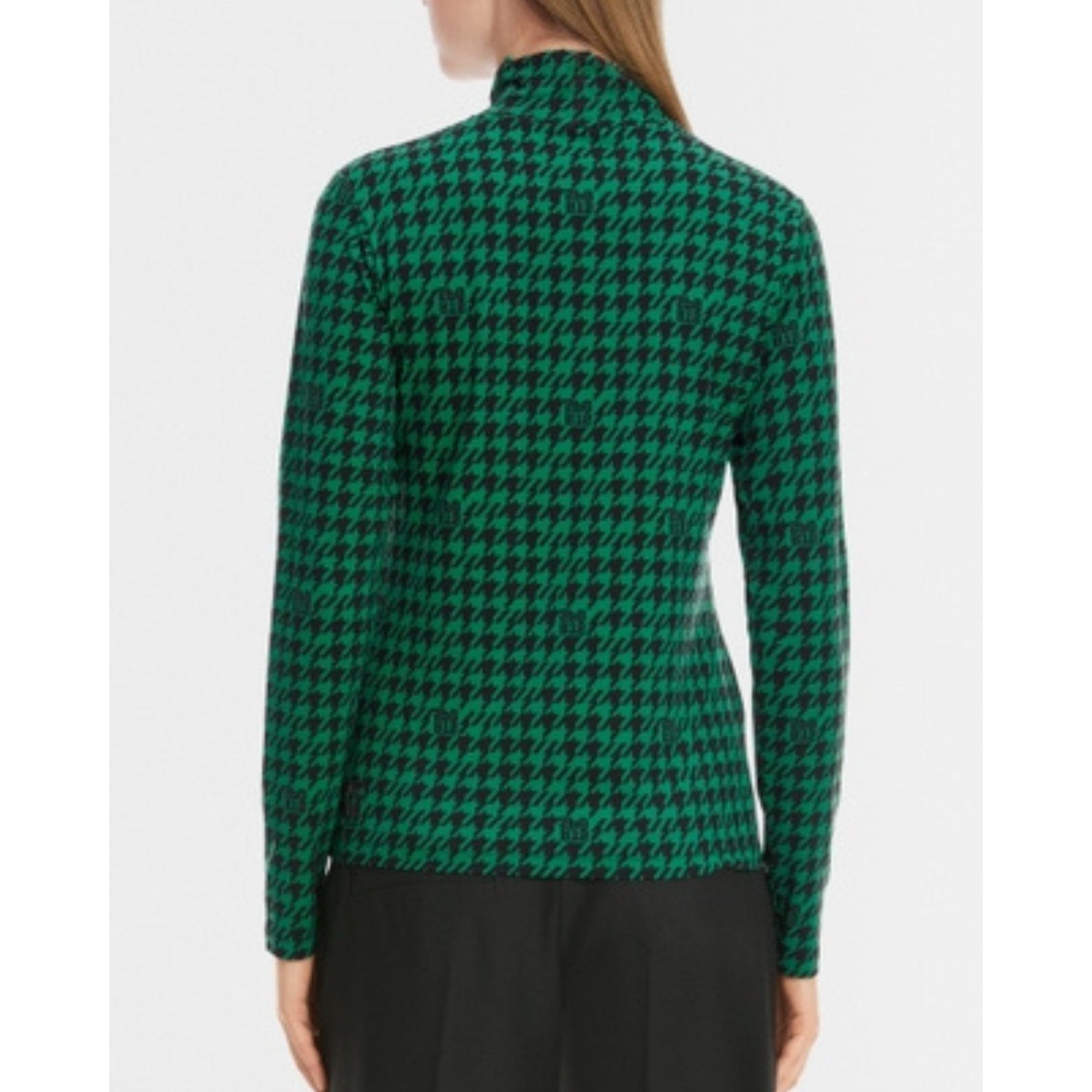 Marc Cain Houndstooth Polo Neck Stretch Fitted Top Green/black