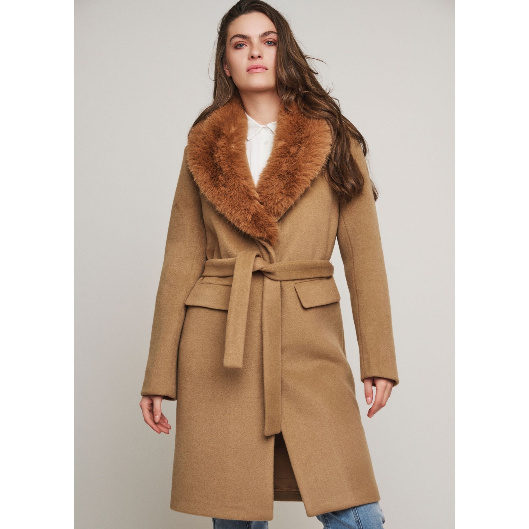 Rino & Pelle Meya Short Belted Coat With Faux Fur Collar Camel