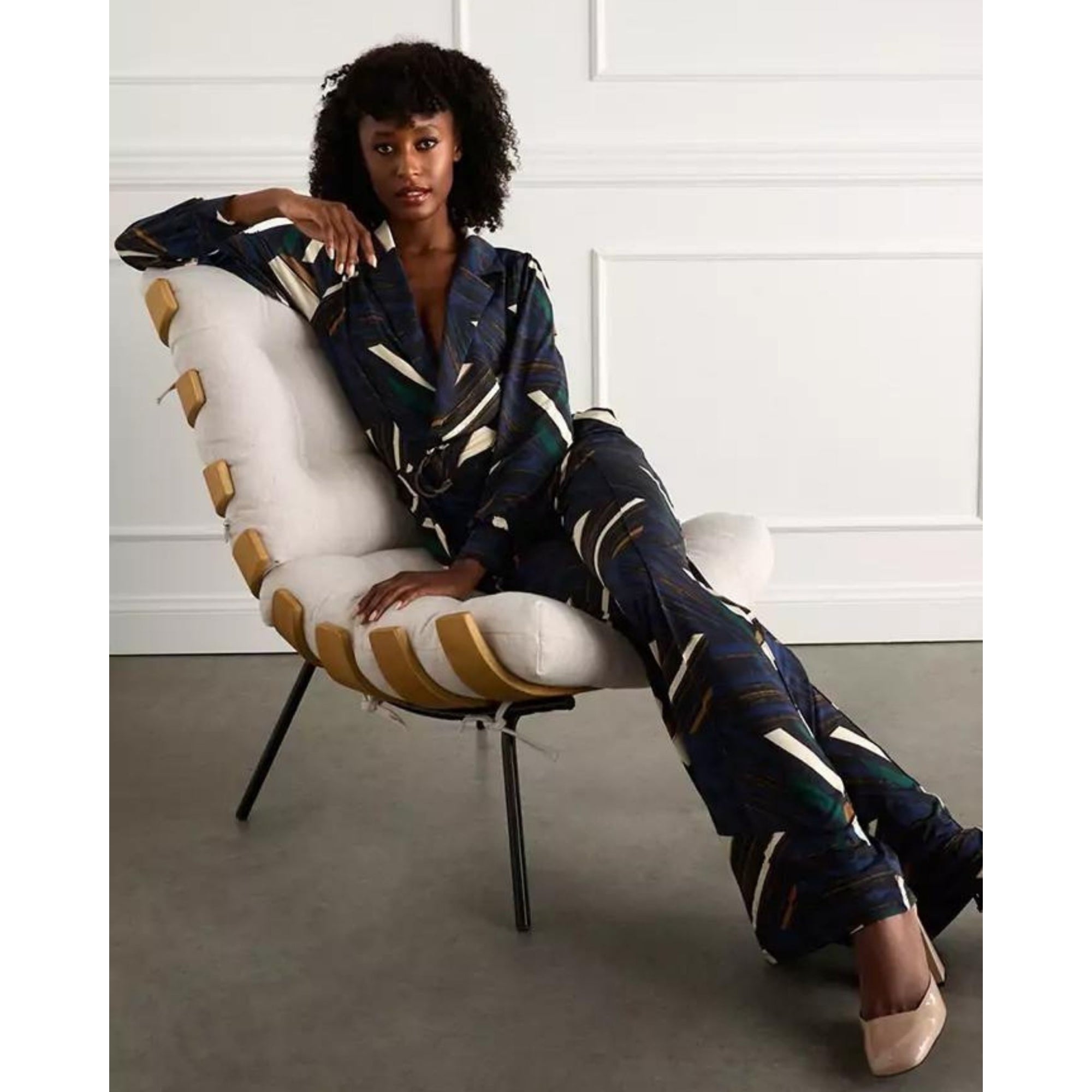 K Design Abstract Stripe Tie Side Jumpsuit Navy/camel