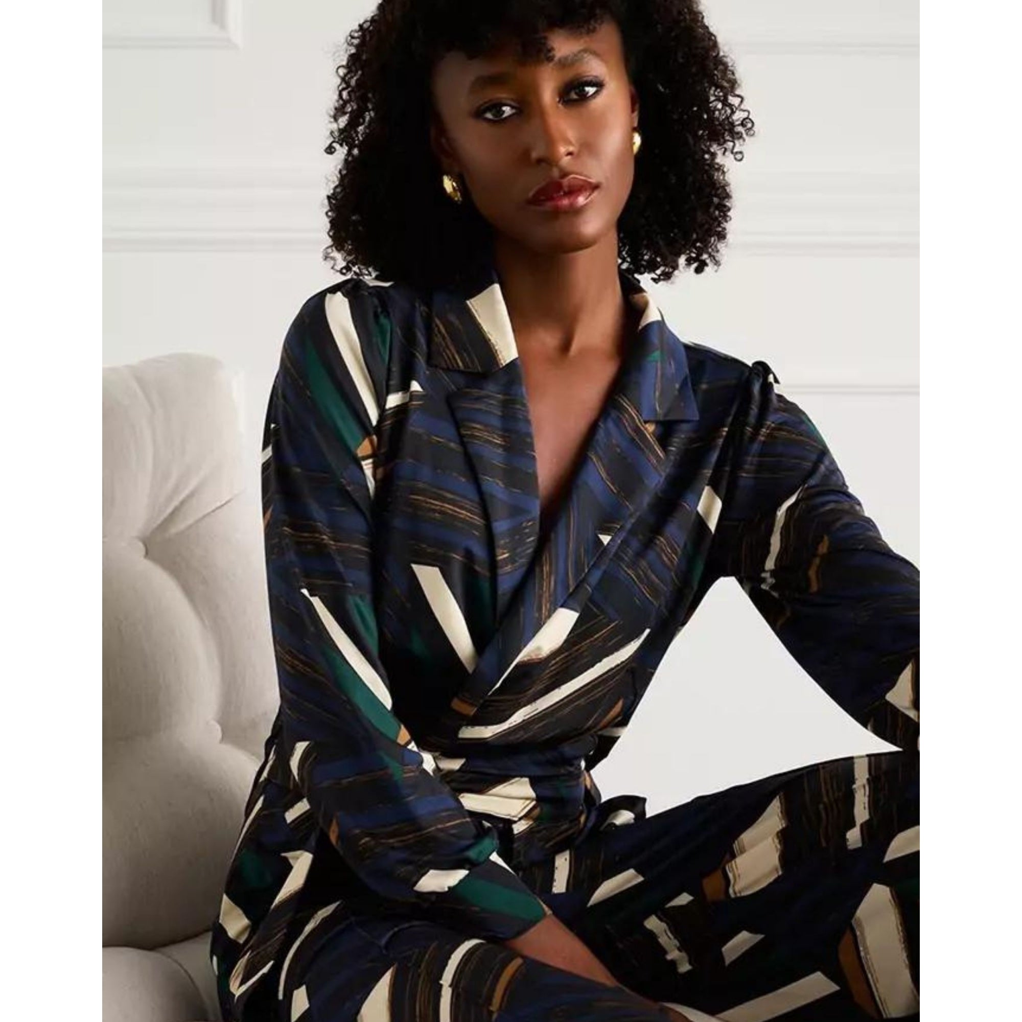 K Design Abstract Stripe Tie Side Jumpsuit Navy/camel