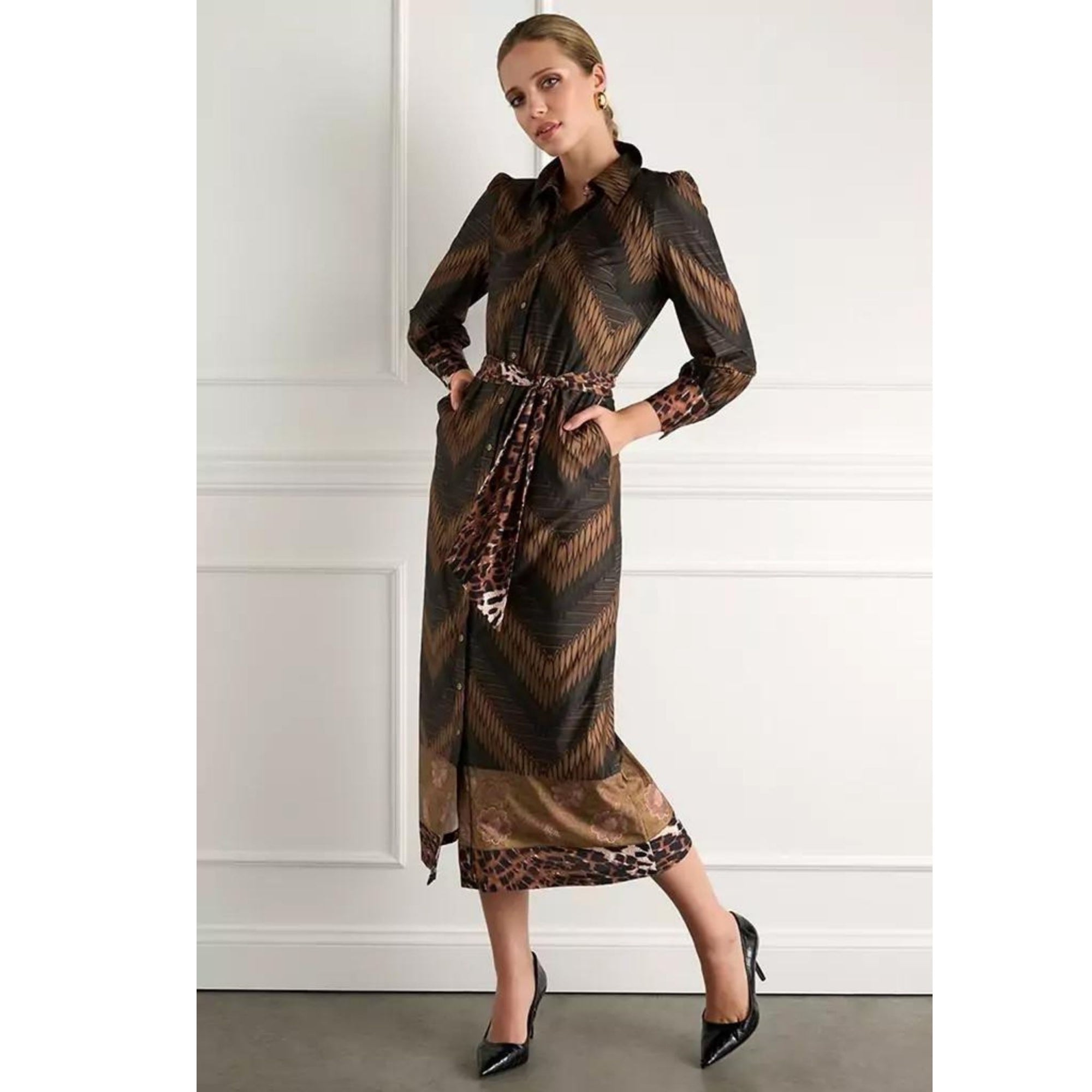 K Design Feather Print Jersey Belted Shirt Dress Green