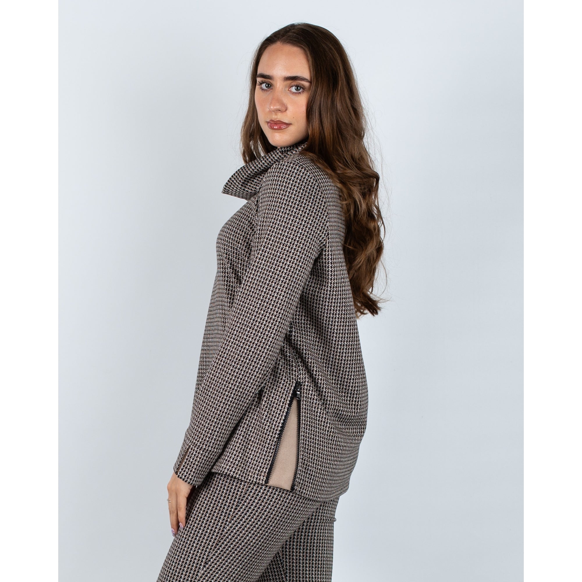 Joseph Ribkoff Houndstooth Roll Neck Tunic Top Black/beige