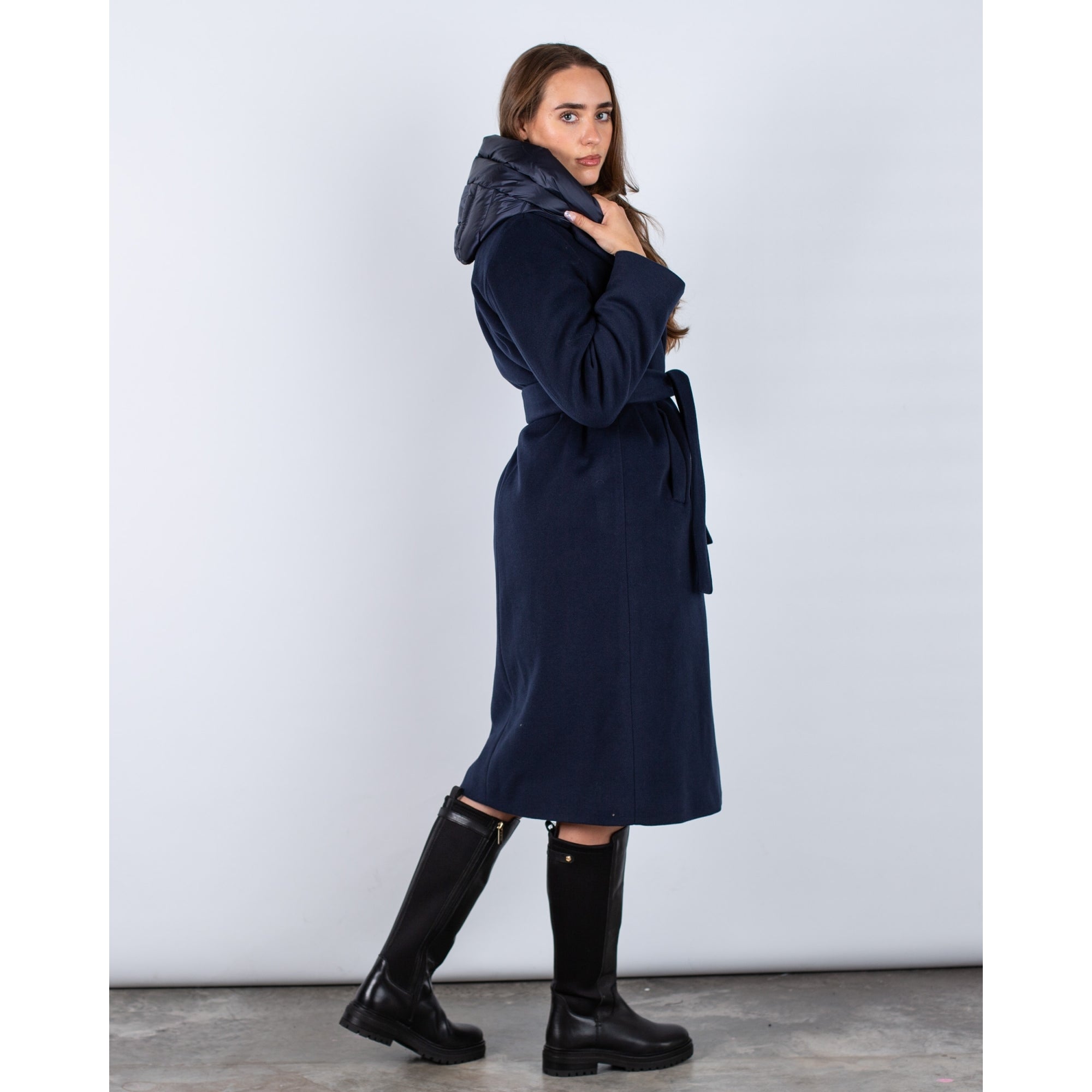 Marella Emme Cancan Woven Button Down Coat With Puffa Hood Dark Navy