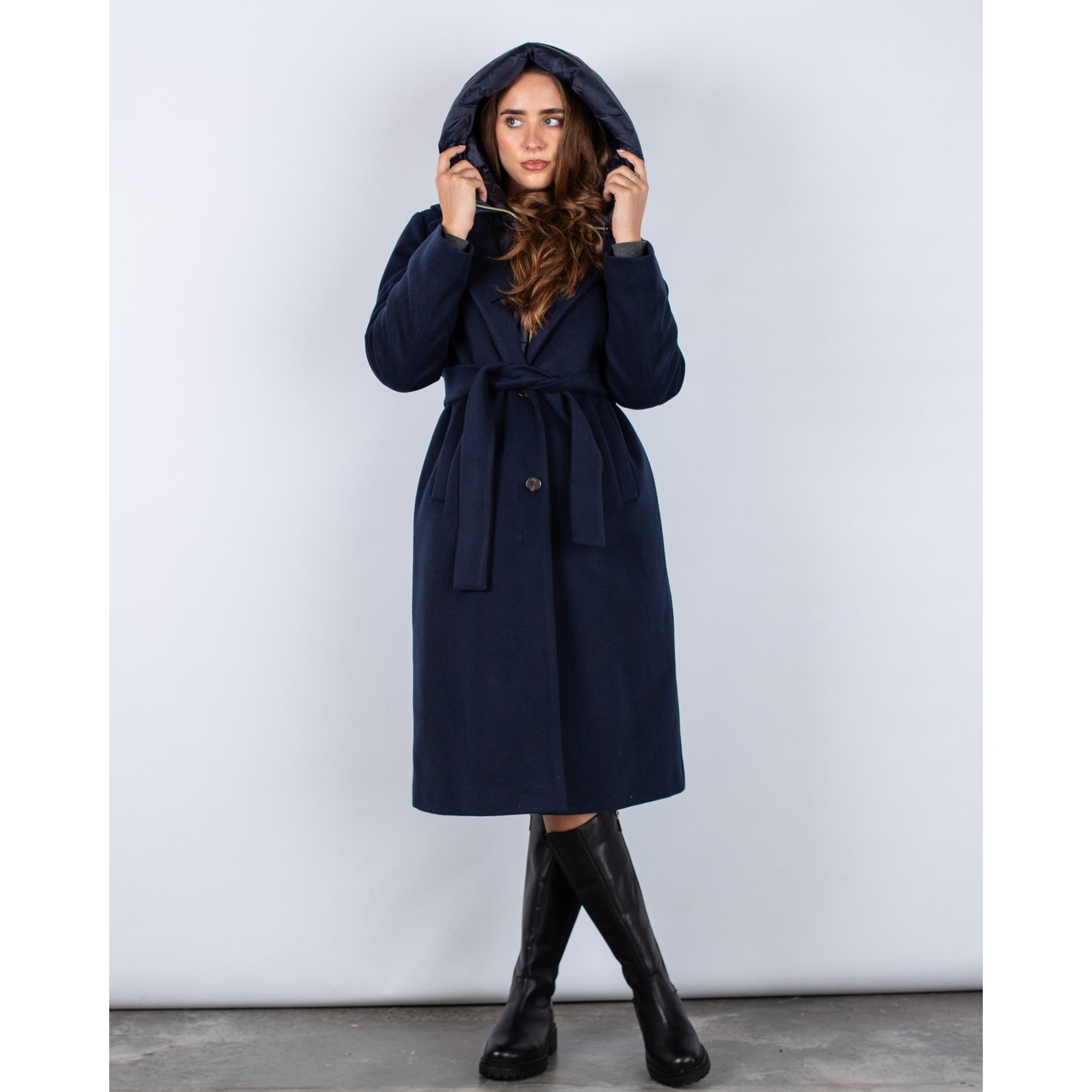 Marella Emme Cancan Woven Button Down Coat With Puffa Hood Dark Navy