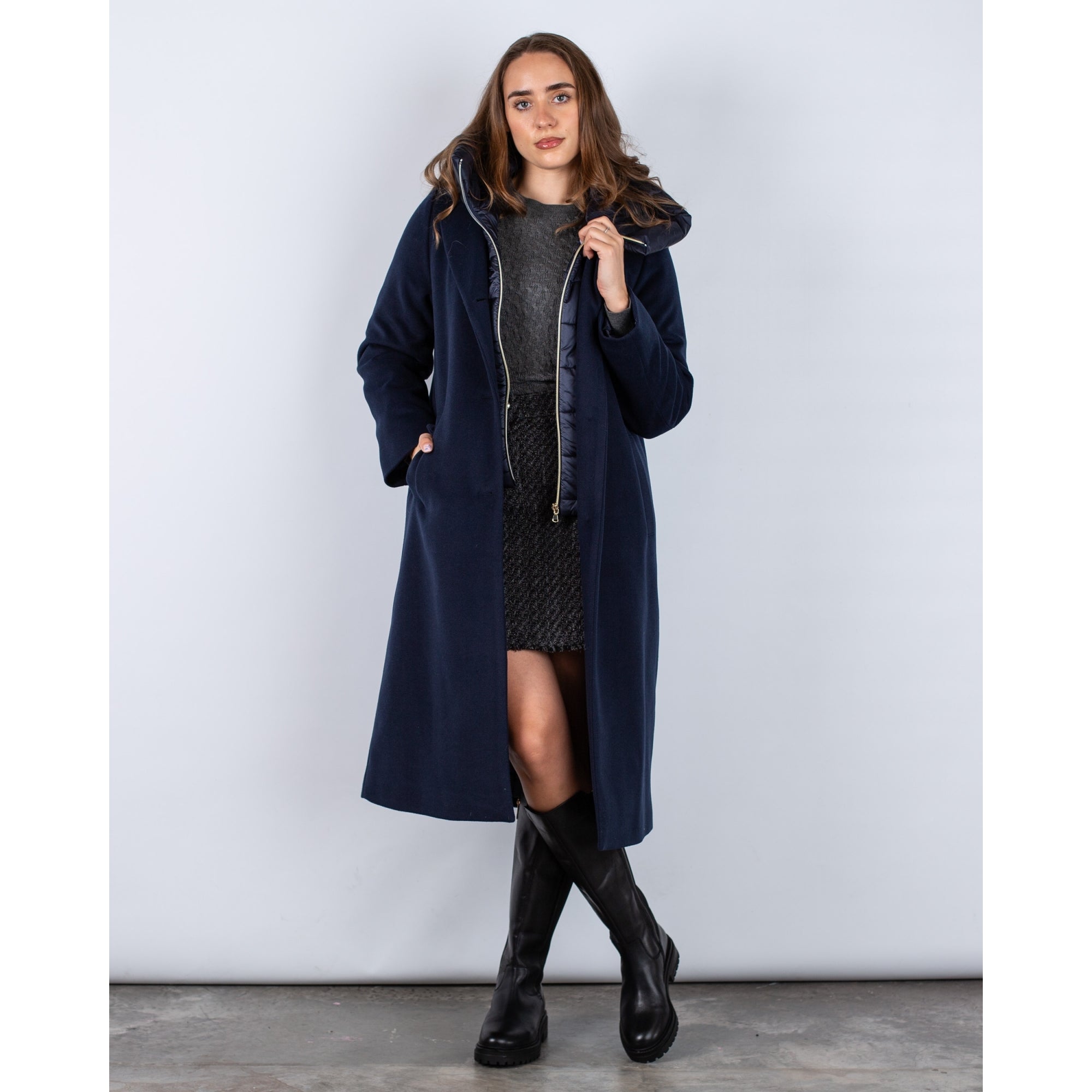 Marella Emme Cancan Woven Button Down Coat With Puffa Hood Dark Navy