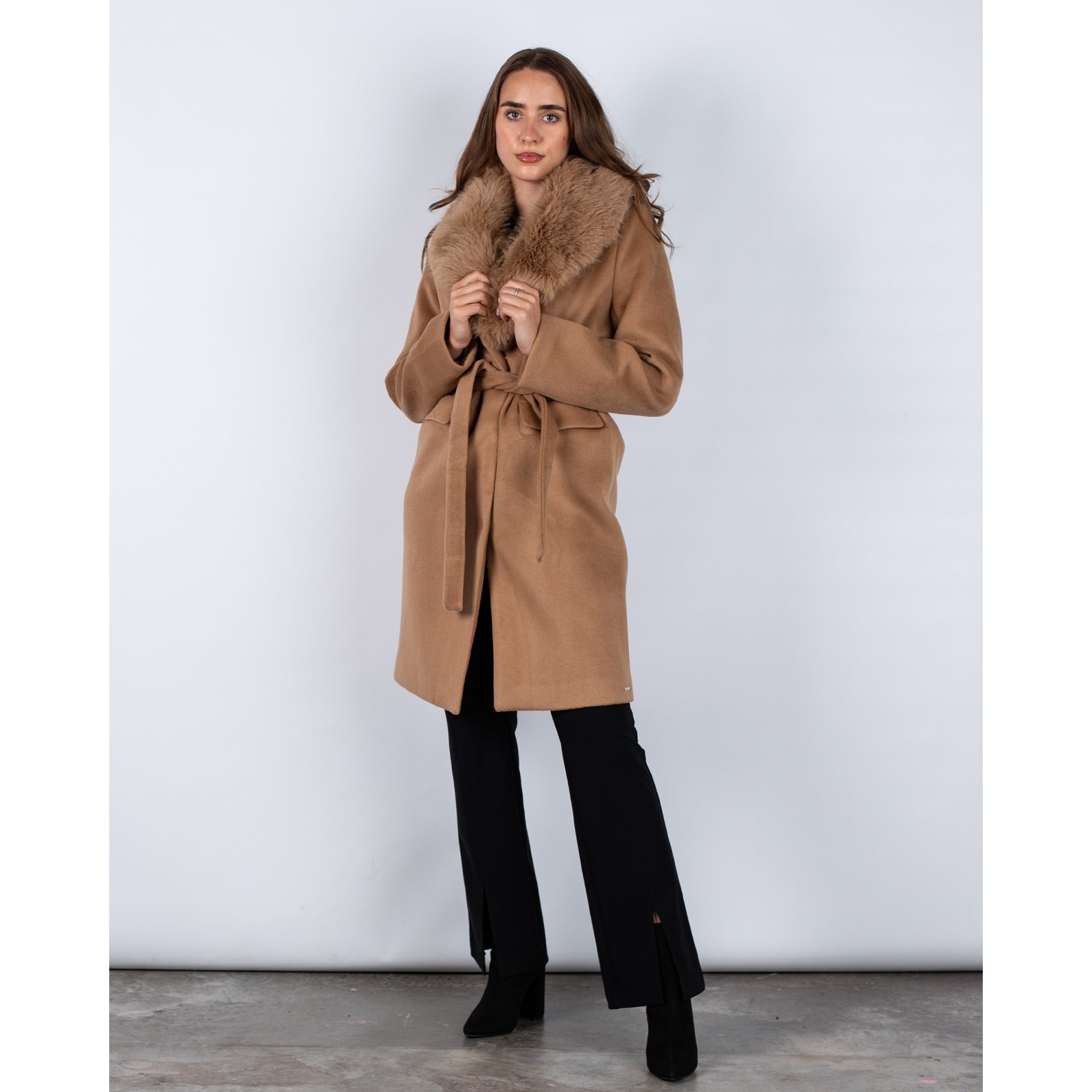 Rino & Pelle Meya Short Belted Coat With Faux Fur Collar Camel